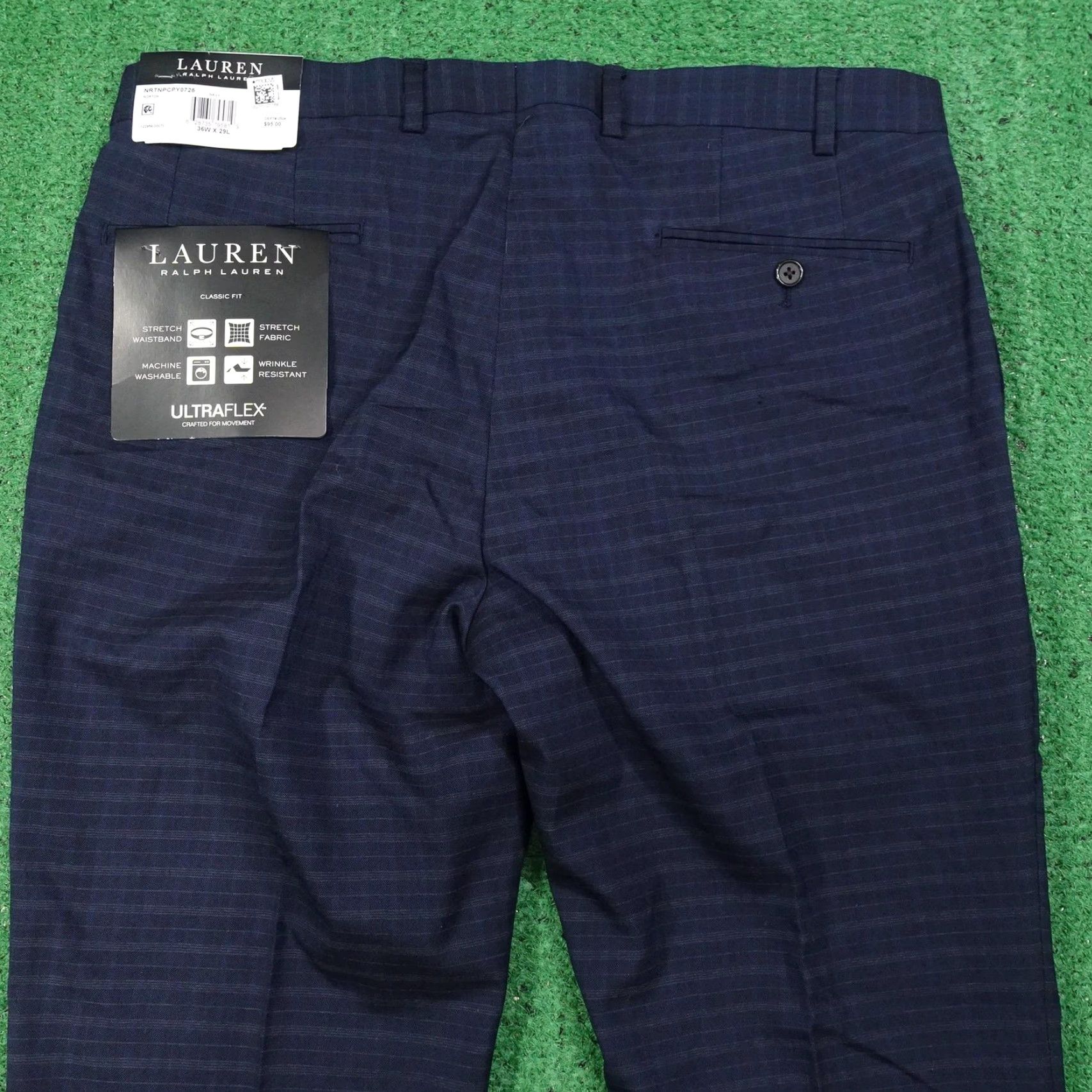 Ralph Lauren Lauren Ralph Lauren Pants Dress Ultraflex 36W 29L Navy Plaid Mens Classic Stretch Wrinkle-Resistant Front Zip Flat Front Business Formal Trousers Size 36R - 5 Thumbnail