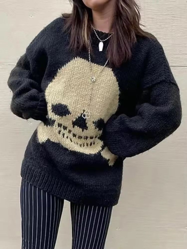 Japanese Brand Skull & Crossbones Knit Sweater - Oversized Black & Beige Size US L / EU 52-54 / 3 - 1 Thumbnail