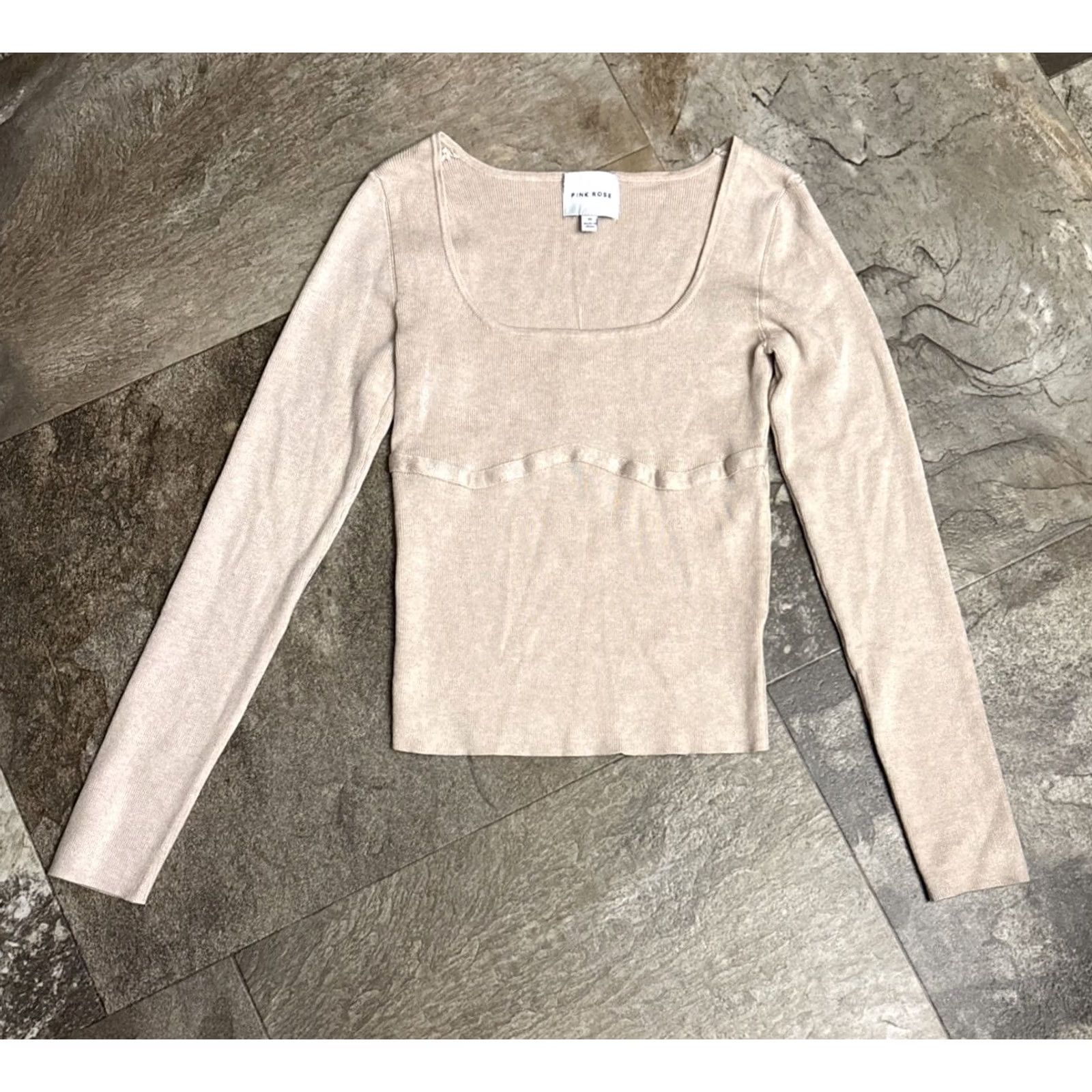 Vintage Pink Rose Sweater Pullover Womens Slim L/S Beige Heather Oatmeal Knit Top M/L 1165 NWT Size M / US 6-8 / IT 42-44 - 2 Thumbnail
