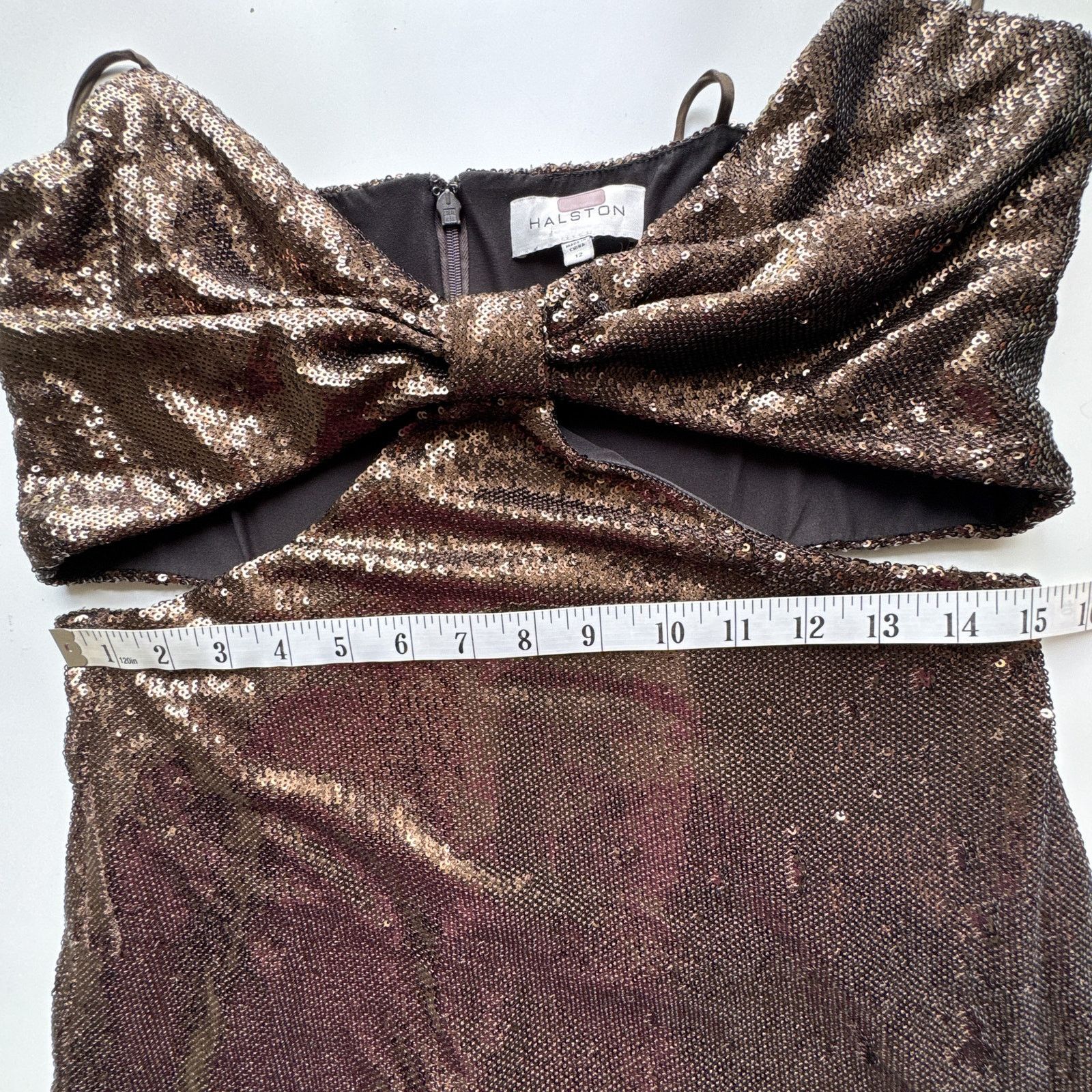 HALSTON Chloe Gown Maxi Dress Sequins Espresso Brown Sz 12