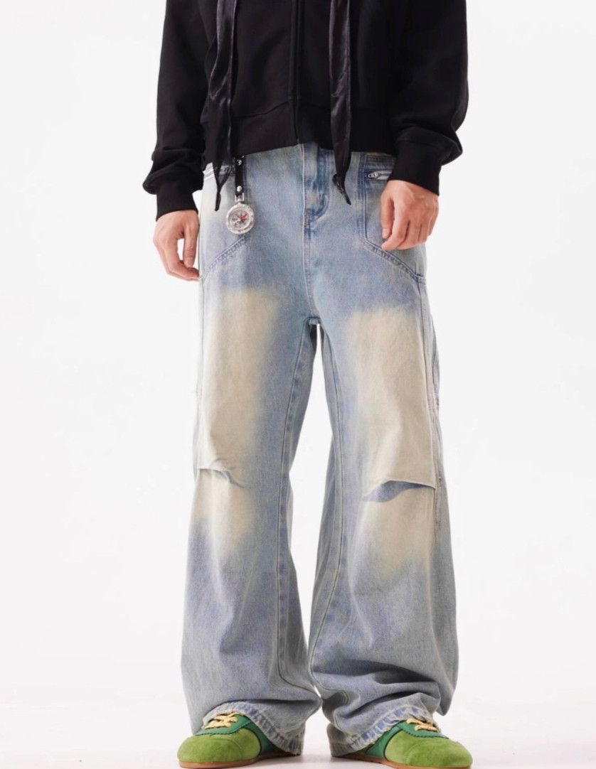 Jean × Vintage Fake Two-piece Pleated Jeans Splicing Distressed Size US 31 - 1 Thumbnail