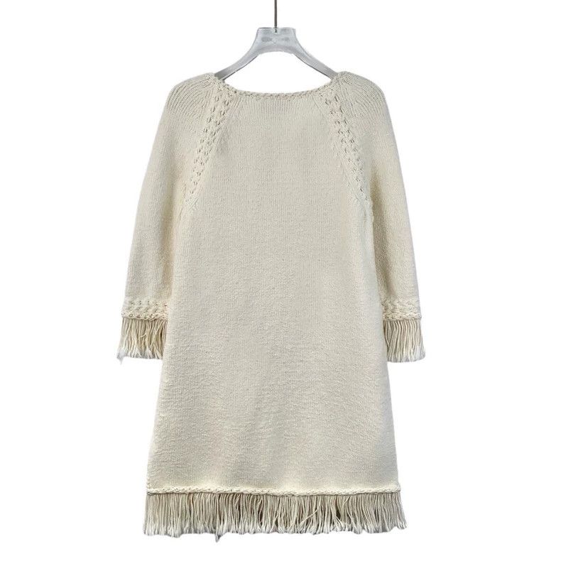 Chanel Chanel Beige cotton V-neck long-sleeved tassel knitted dre Size S / US 4 / IT 40 - 2 Thumbnail