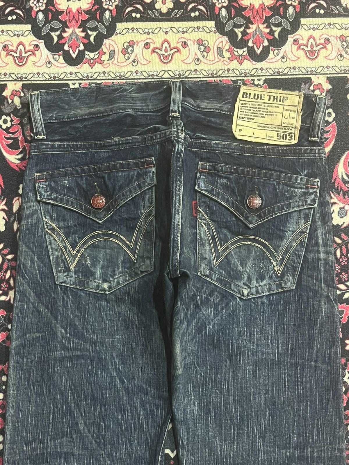 Number (N)ine Edwin 503 Japan Blue Trip Dark Blue Frayed Leg Flare Jeans Size US 30 / EU 46 - 7 Thumbnail
