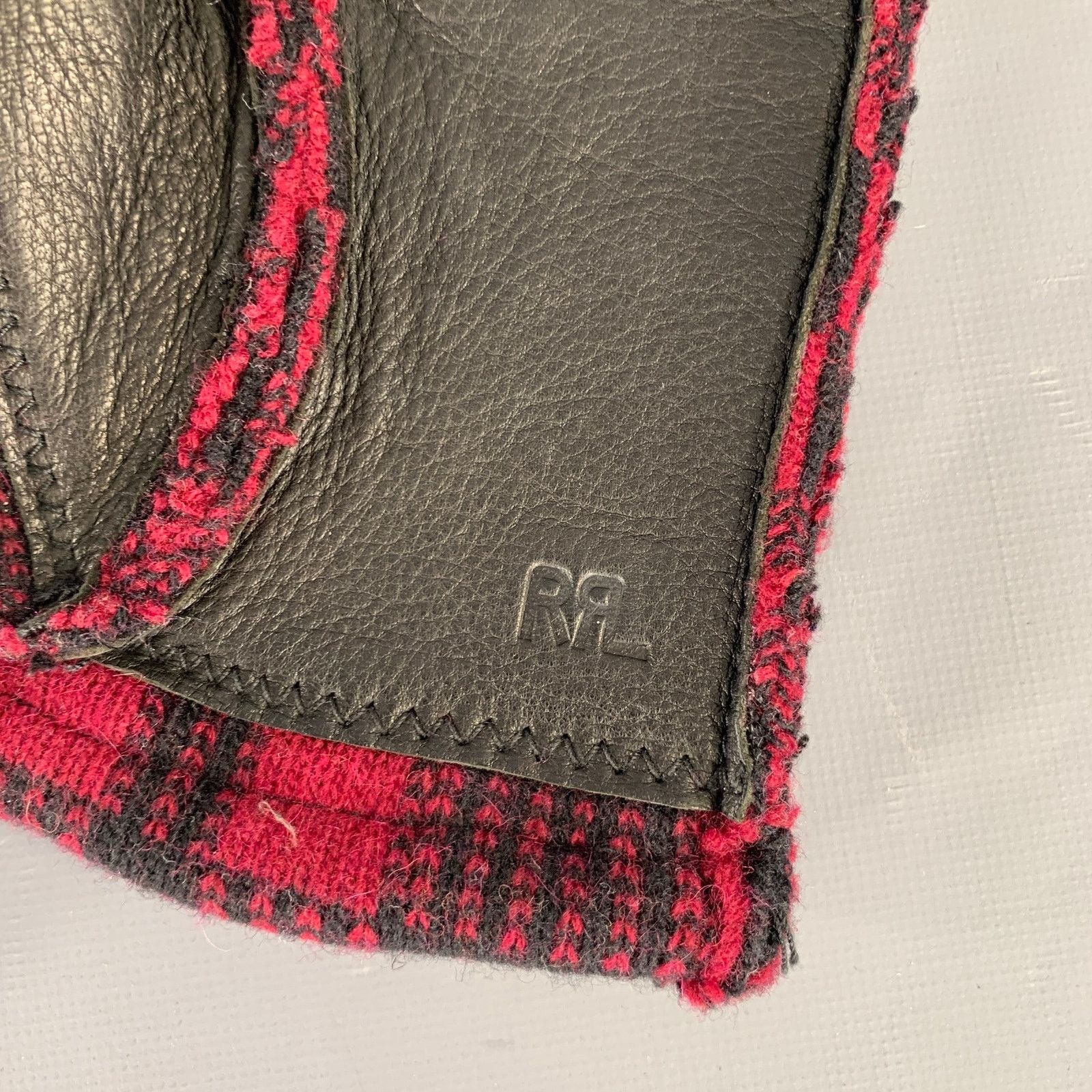 Ralph Lauren RRL S/M Red Black Plaid Wool Leather Gloves Size ONE SIZE - 4 Thumbnail