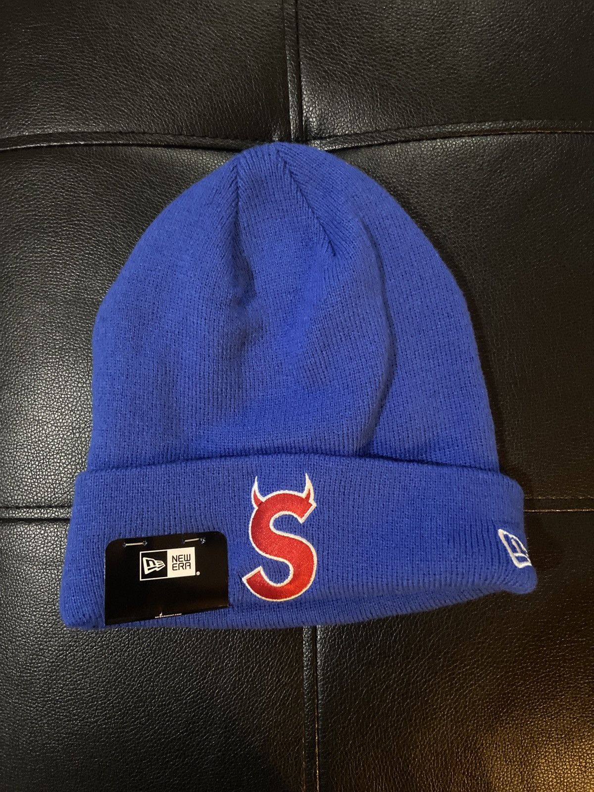 image of Supreme New Era S Logo Beanie in Blue, Men's