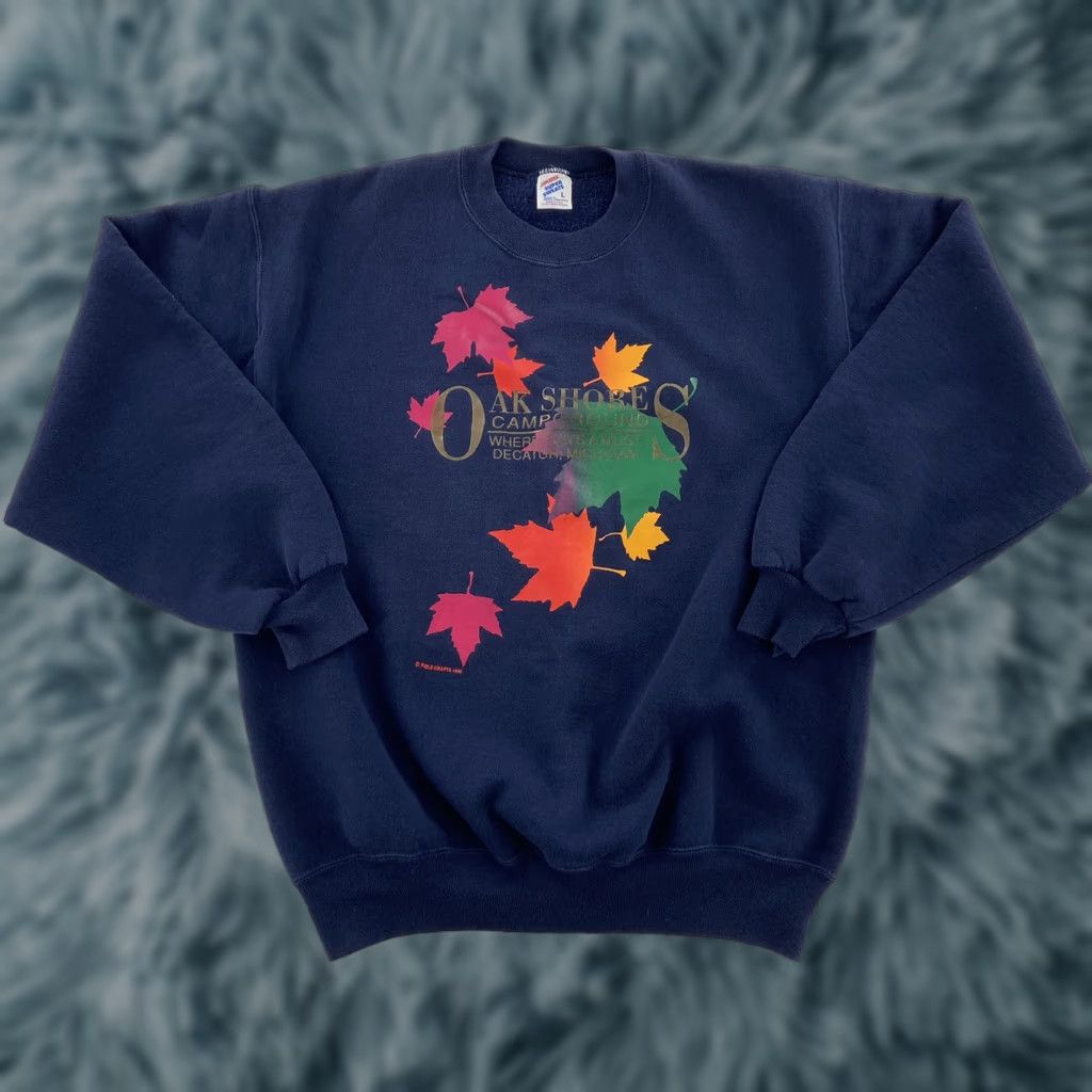 Jerzees VINTAGE Jerzees Sweatshirt Men’s Large L Blue 90s Oak Shores Campground Decatur MI Crew Neck Pullover Graphic Print Canvas Cotton Blend Fleece Size US L / EU 52-54 / 3 - 1 Thumbnail