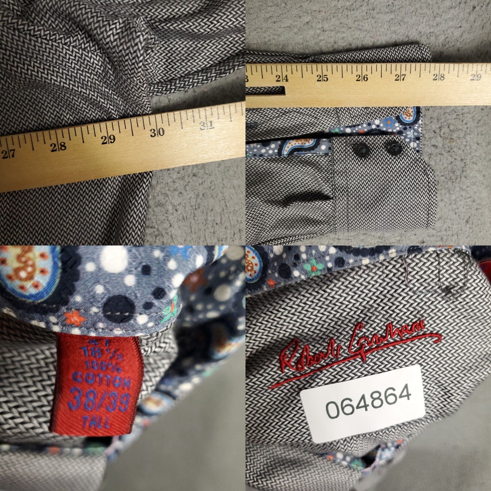 Robert Graham Robert Graham Shirt Mens 18.5 Gray Dress Button Up Long Sleeve non-iron Pockets Size 48R - 8 Thumbnail