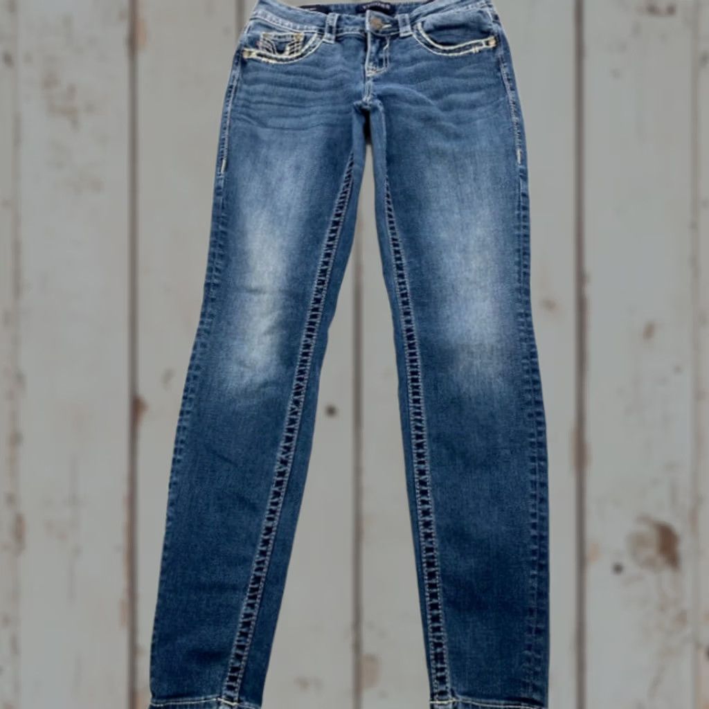 Vintage VIGOSS Womens Denim Jeans Skinny 2 27x29 Blue Solid Distressed Pockets Stretch Embroidered Sequin 5-Pocket Regular Womens Size 26" / US 2 / IT 38 - 1 Thumbnail