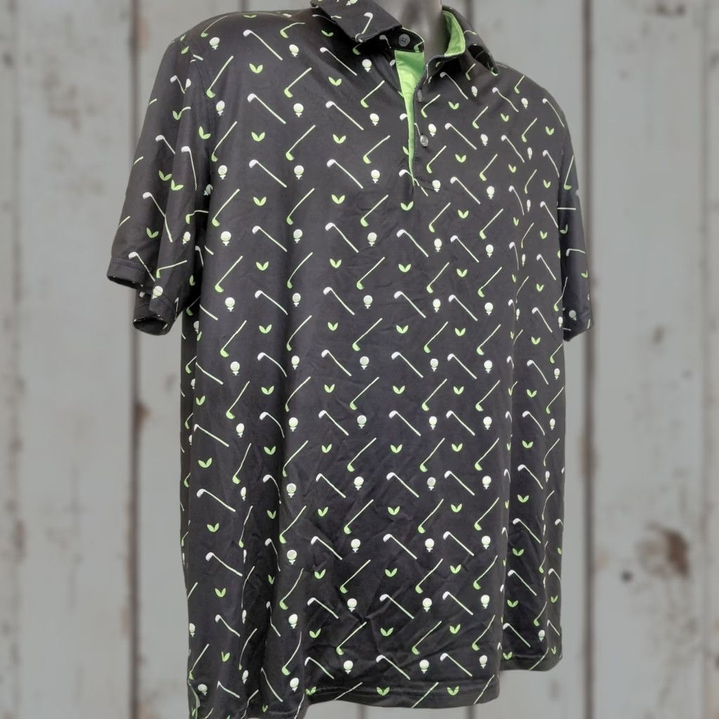 Vintage SR Speed Your Run Composition Golf Polo Mens XL Black All Over Print Clubs/Balls Short Sleeve Polo Size US XL / EU 56 / 4 - 1 Thumbnail