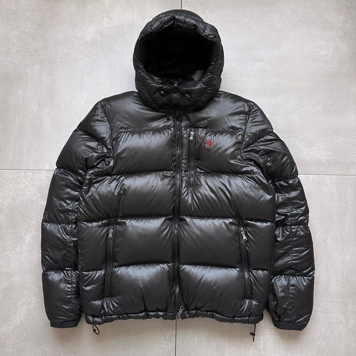 image of Polo Ralph Laurent Shiny Puffer Jacket Duck Down With Hoodie in Black, Men's (Size Large)