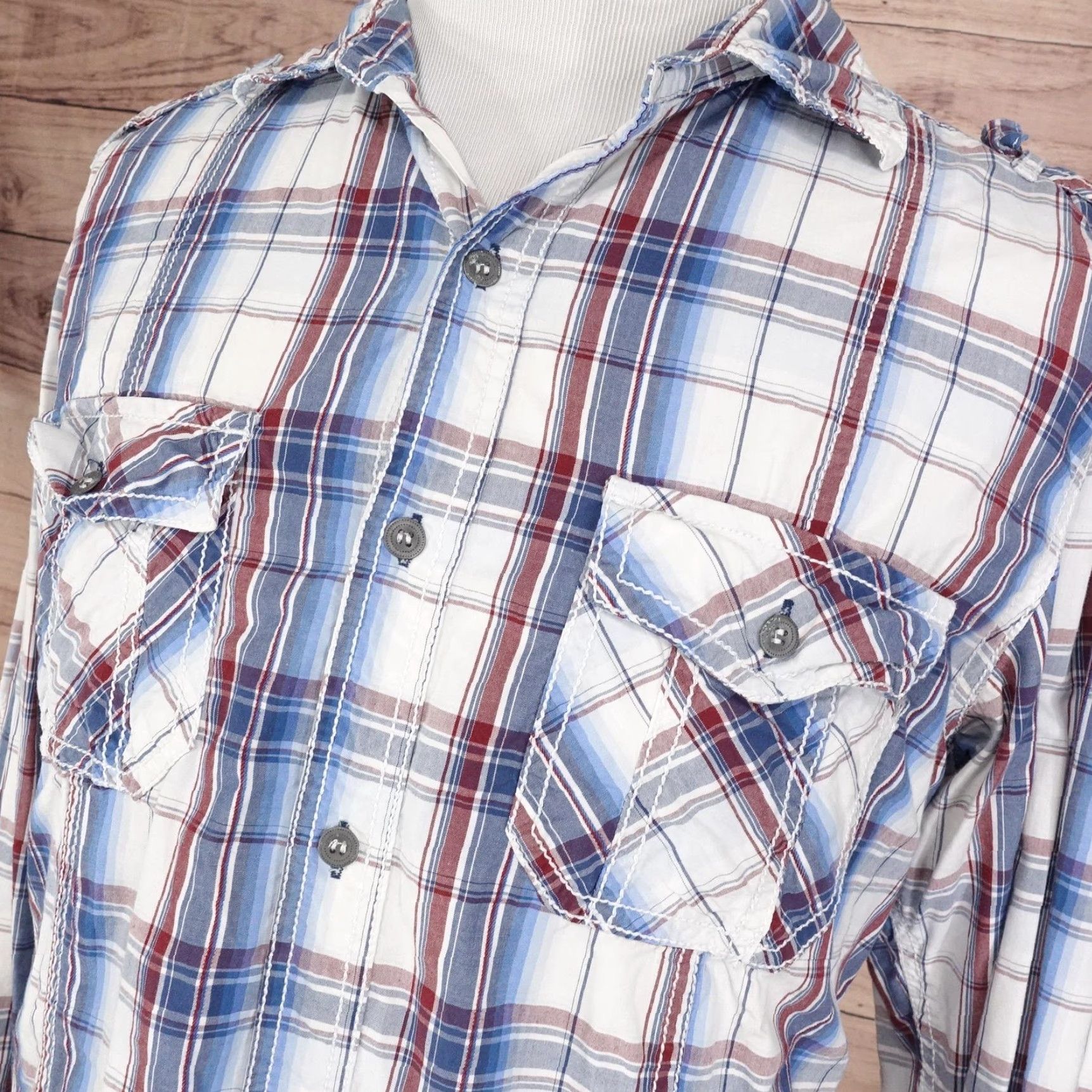 BKE BKE Shirt Mens Large White Blue Red Plaid Slim Fit Western Snap Front Casual Size US L / EU 52-54 / 3 - 2 Thumbnail
