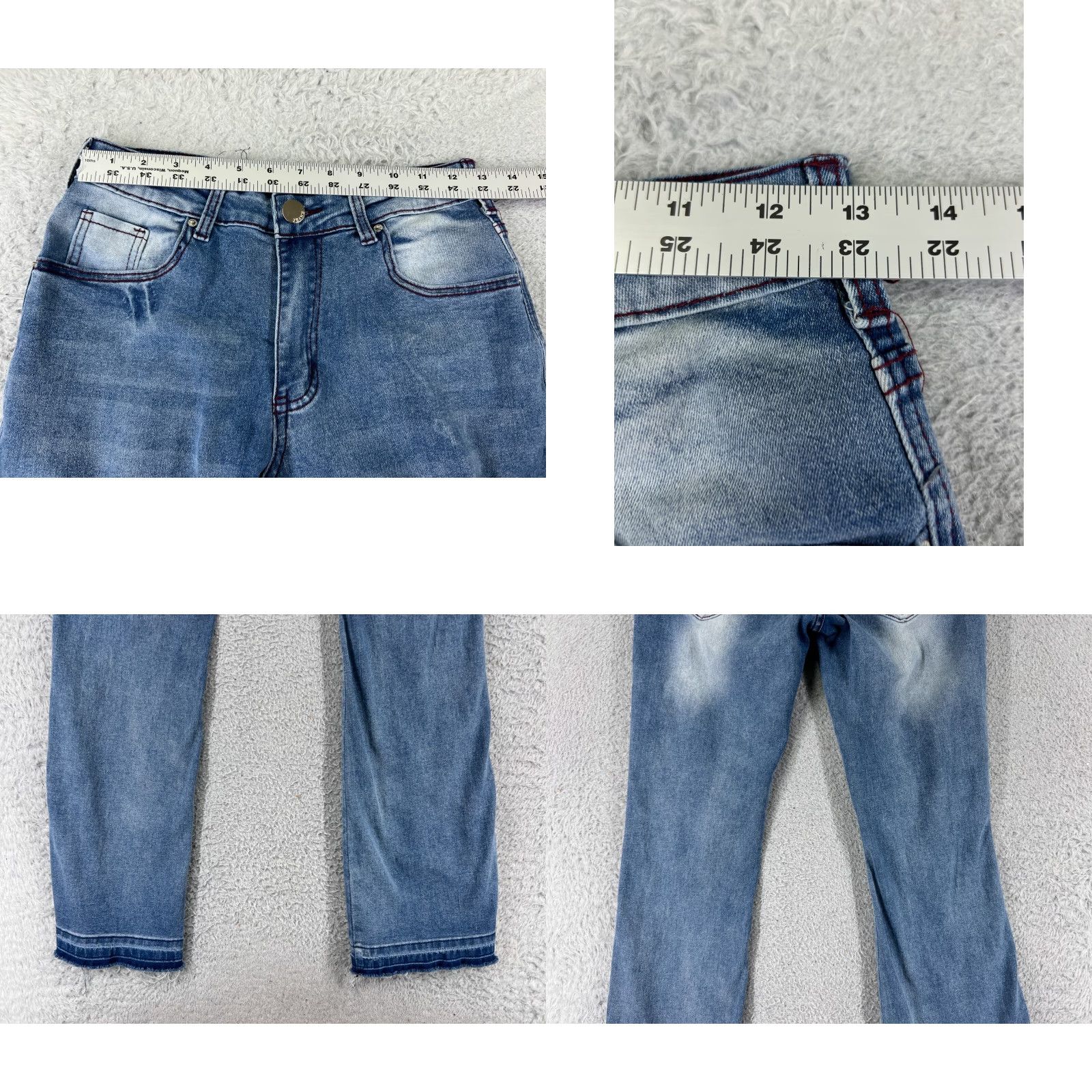 Denime Jeans Women 24 Blue Denim Flared Distressed Embellished Crosses 5-Pocket Regular Inseam 24 Denim Jeans Hippie Size 42" / US 20 - 9 Thumbnail
