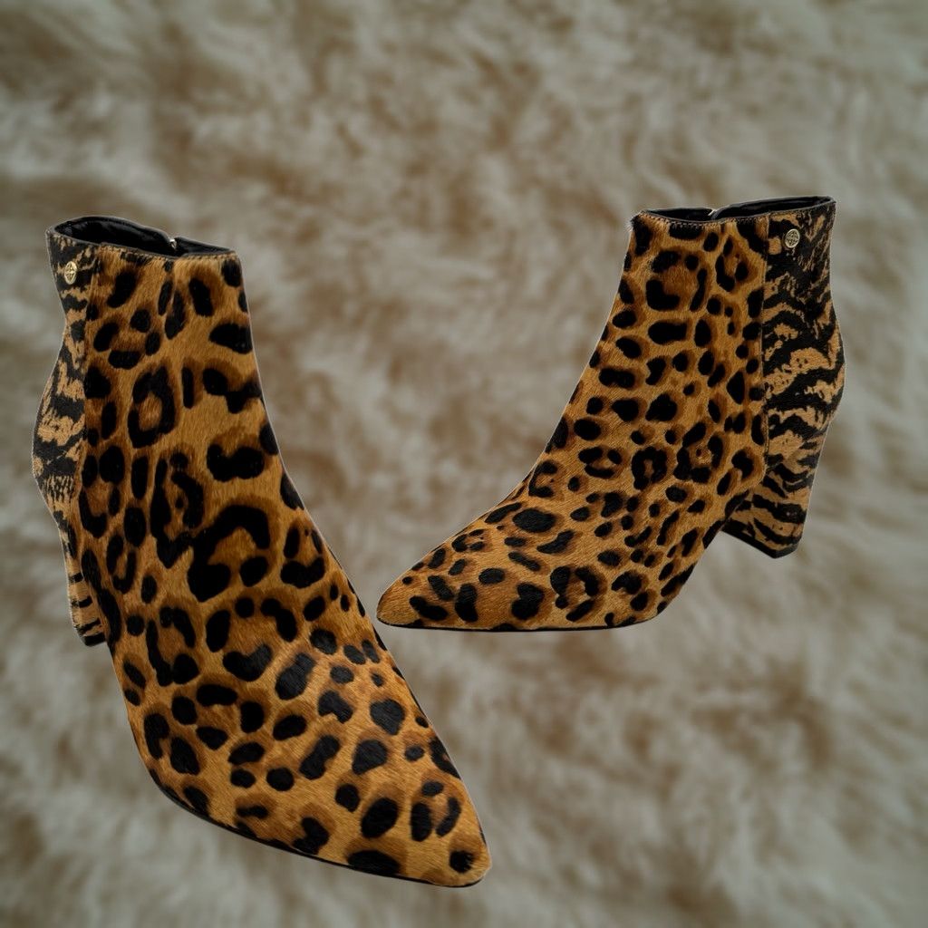 Vintage Antonio Melani Shahn Leopard Calf Hair Ankle Boots Women Size 7.5 M Pointed Toe Boots Size US 8 / IT 38 - 1 Thumbnail