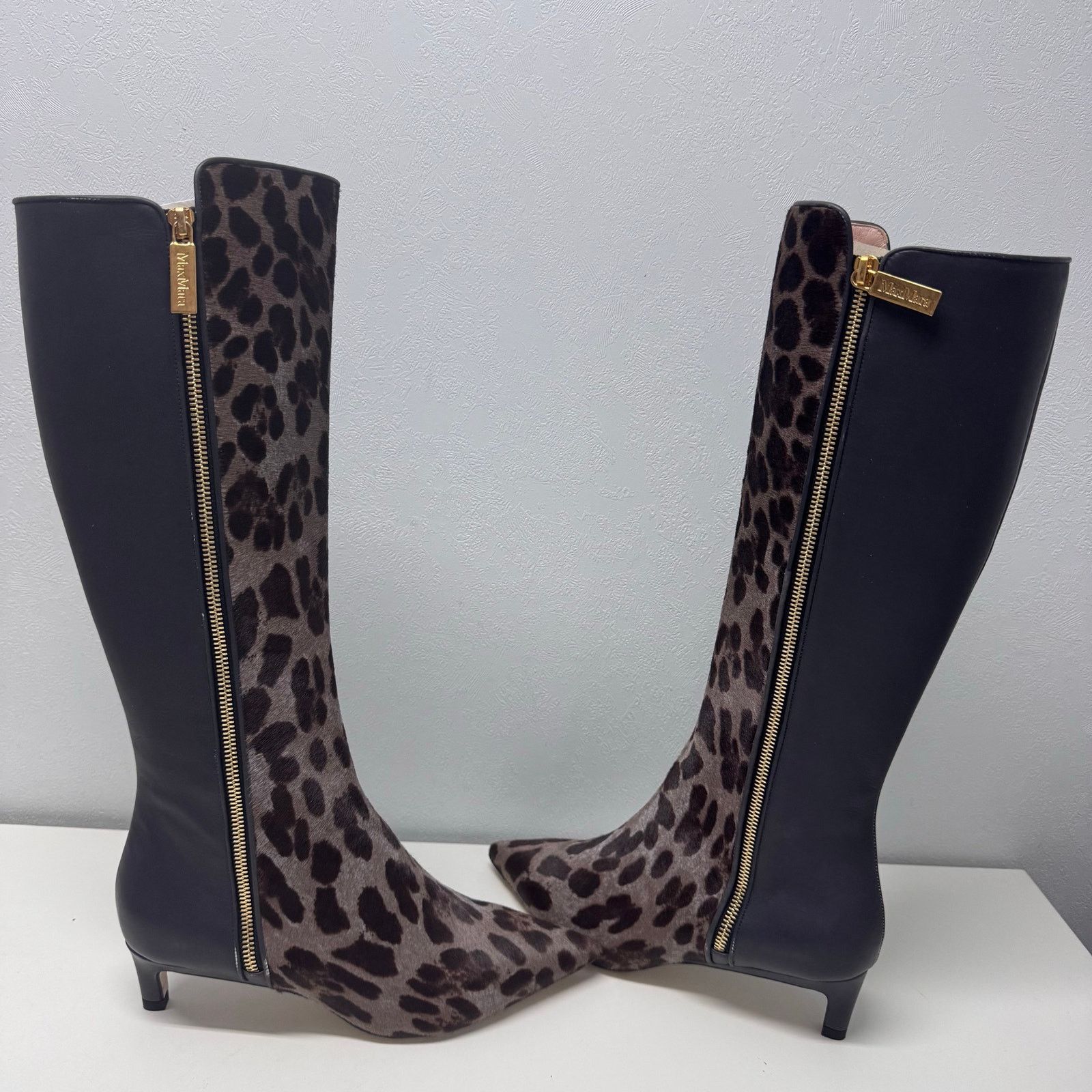 Max Mara Max Mara Women's Leopard Heeled Knee Boots Leather Mobwife Size US 7 / IT 37 - 2 Thumbnail