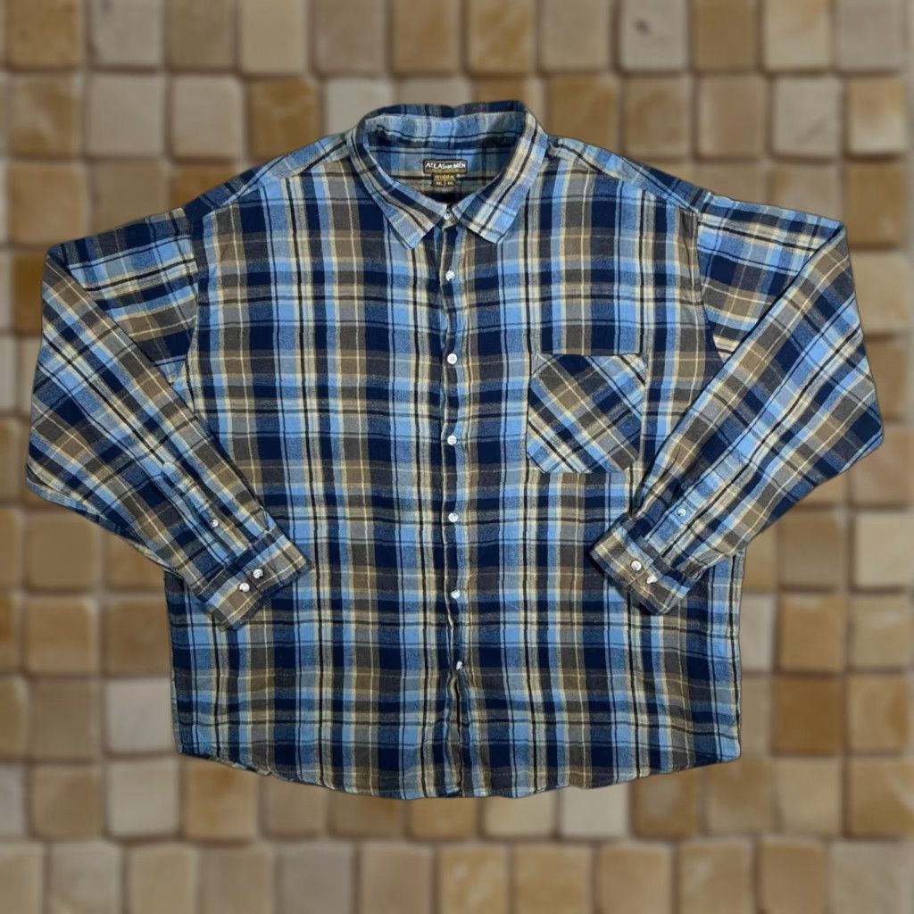 Vintage Atlas For Men Lumberjack Plaid Check Long Sleeve Cotton Flannel Shirt 4XL Blue Brown Beige Check Button-Up Casual Mens Size US XXL / EU 58 / 5 - 1 Thumbnail