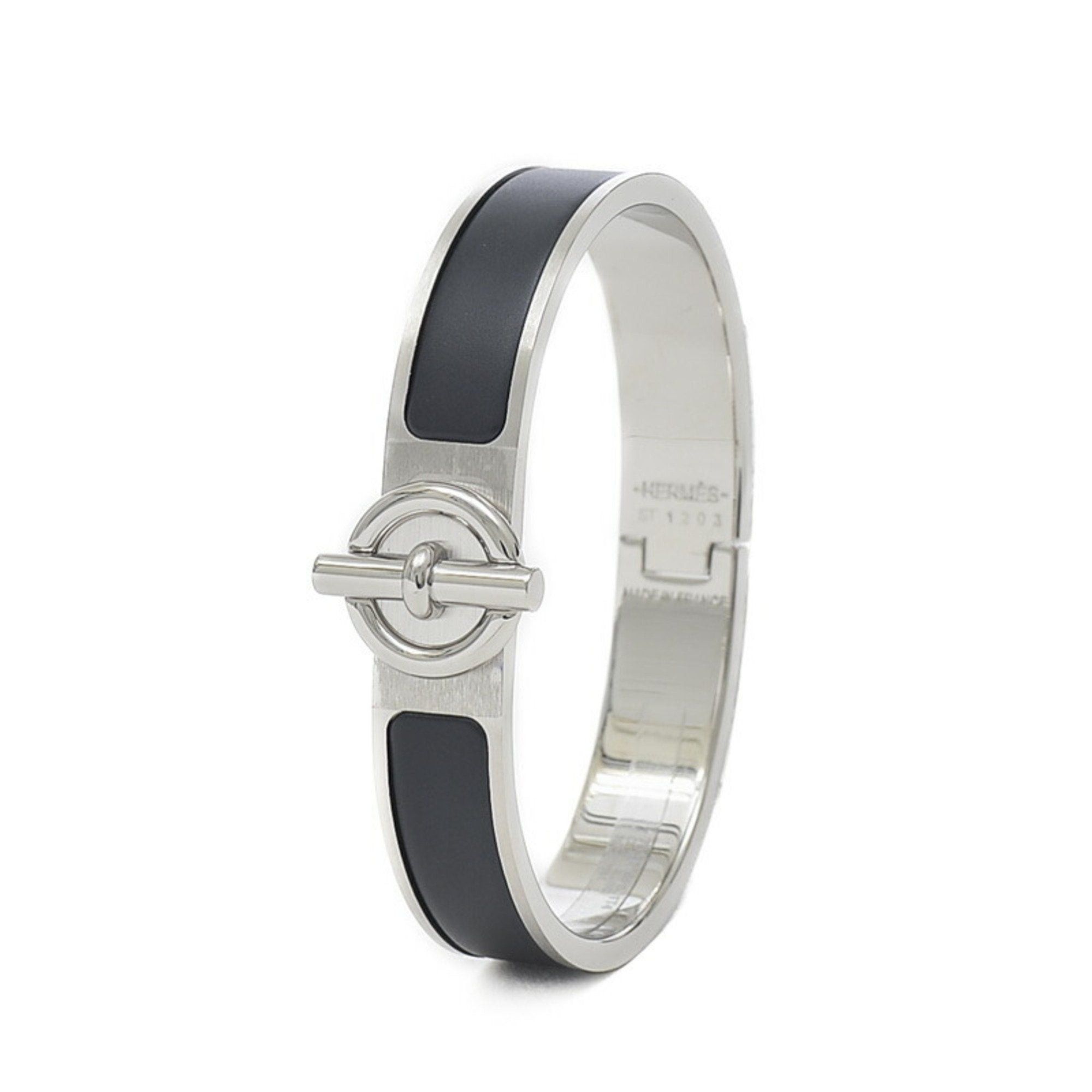 image of Hermes Click Grenan Enamel Bracelet Bangle Silver Matte Black, Women's