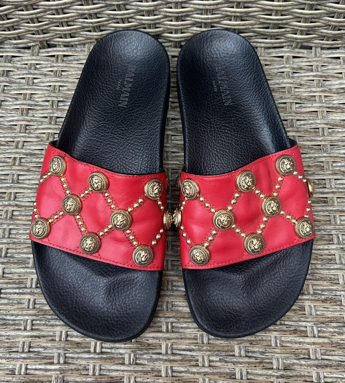 Balmain Balmain Paris Embellished Red Leather Slides Size 38 Size US 8 / IT 38 - 2 Thumbnail
