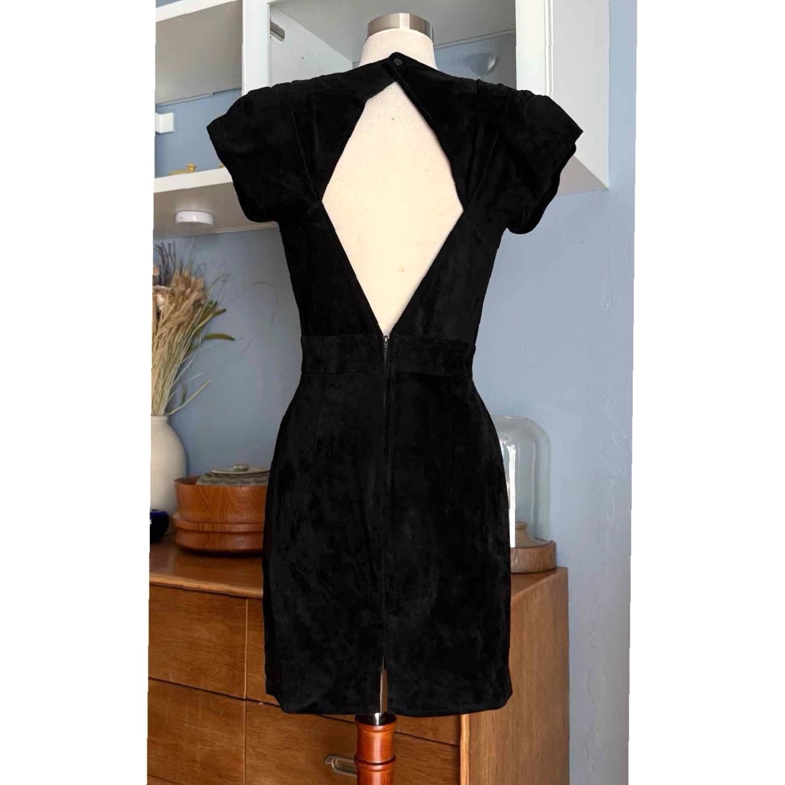 Vintage VINTAGE Bin-Bin Black Suede Leather Sheath Dress XS Open Back Cut-out 1980s Party Womens Size XS / US 0-2 / IT 36-38 - 4 Thumbnail