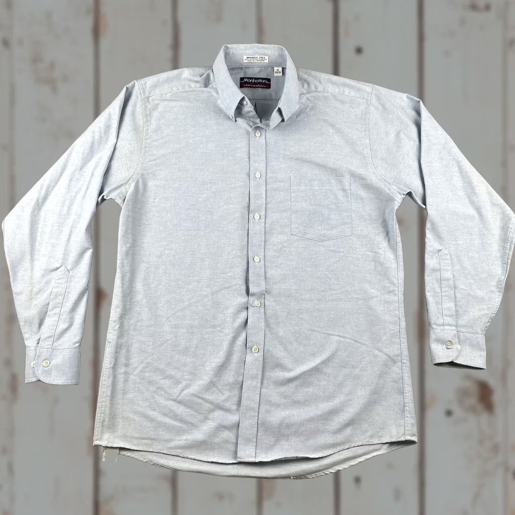 Vintage VINTAGE Manhattan Shirt Makers Button-Up Long Sleeve Mens Size L/XL Blue - 60/40 Cotton-Polyester Wrangler Free Wrinkle)/ Size US L / EU 52-54 / 3 - 1 Thumbnail