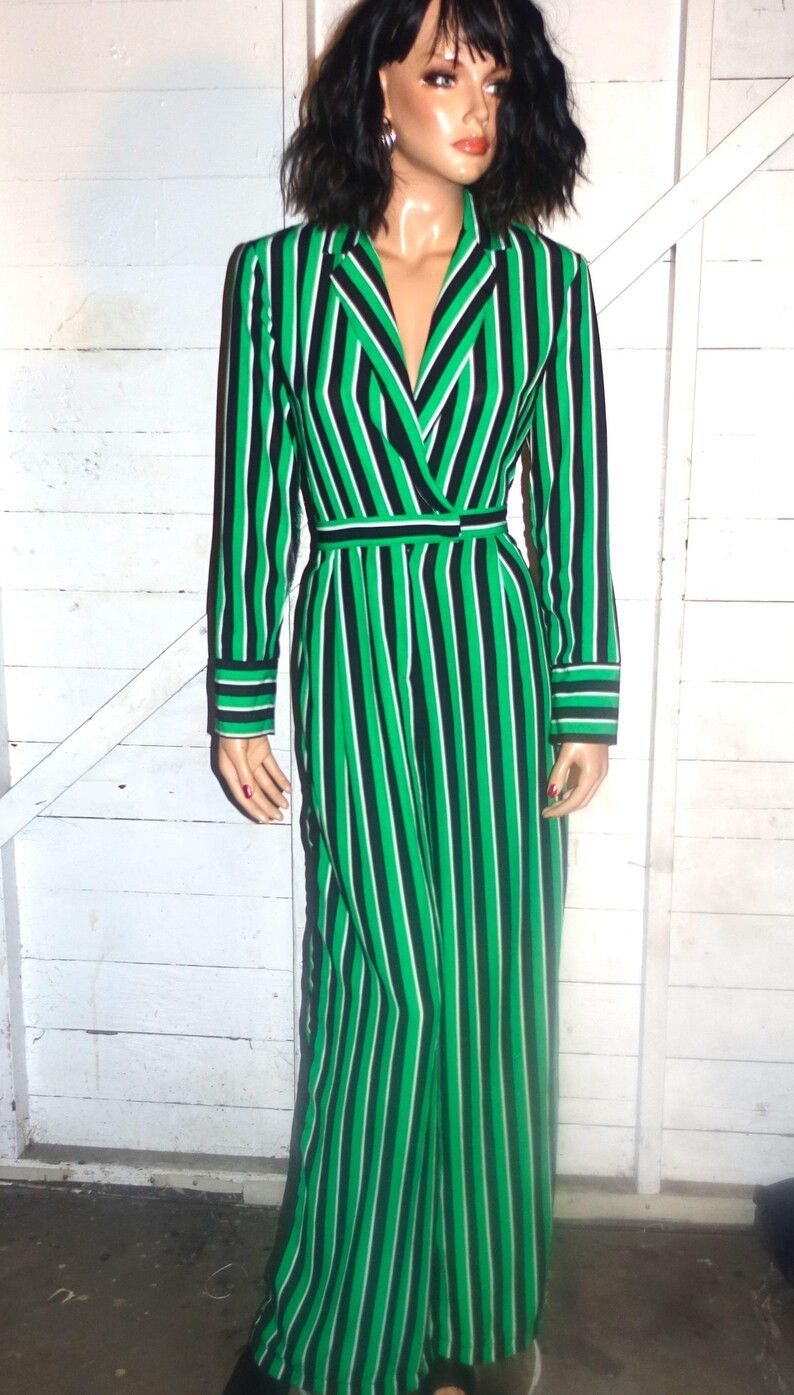 Other Hello Miss Green Black Striped Jumpsuit M Size 30" / US 8 / IT 44 - 1 Thumbnail