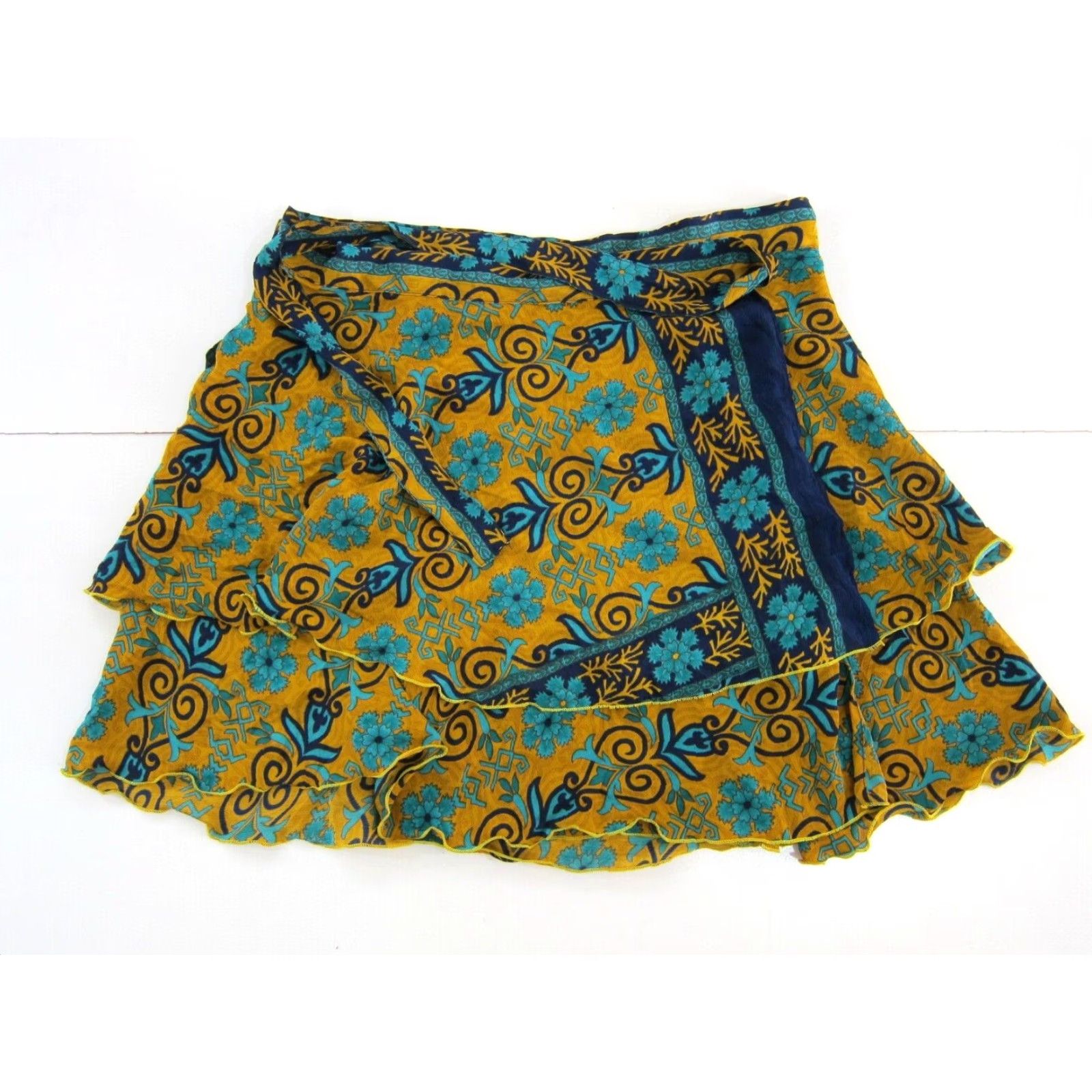 Vintage VINTAGE India Silk Green Yellow Blue Floral Paisley Reversible Wrap Skirt Small Size 28" / US 6 / IT 42 - 6 Thumbnail