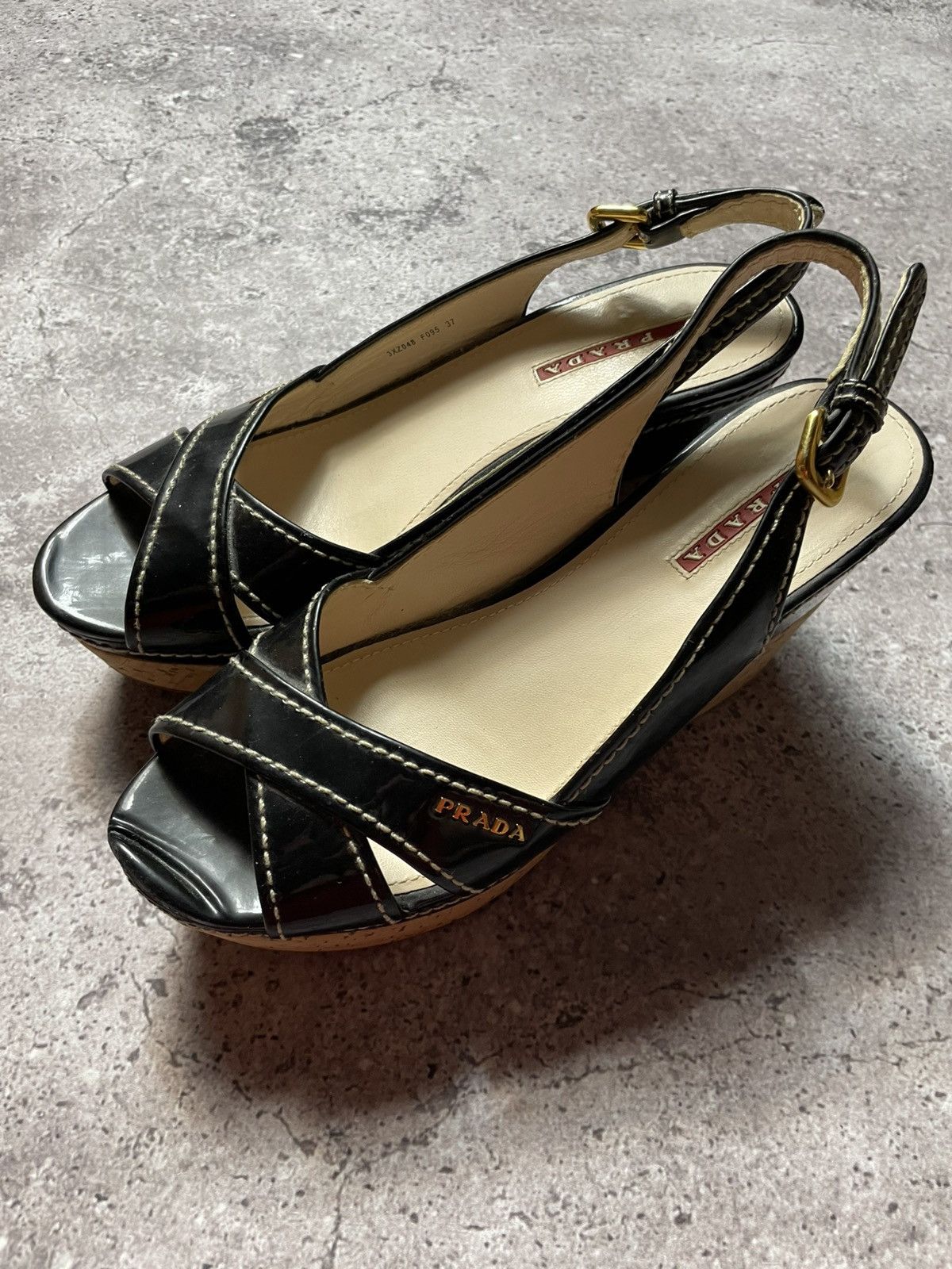 Prada PRADA Patent leather wedge sole cork black women's size 37 Size US 7 / IT 37 - 11 Thumbnail