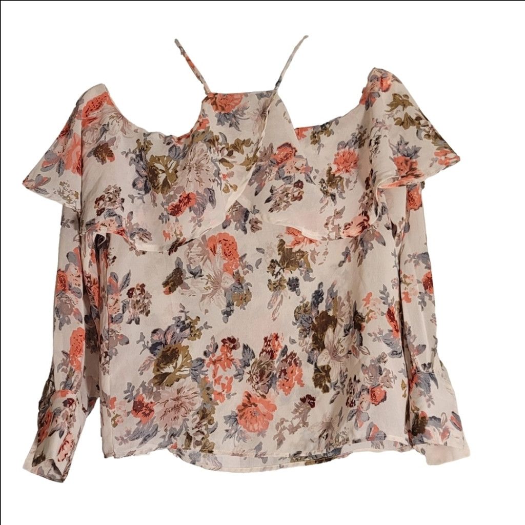 Boohoo EUC Boohoo Floral Cold Shoulder Blouse - Cream and Pink Size S / US 4 / IT 40 - 1 Thumbnail