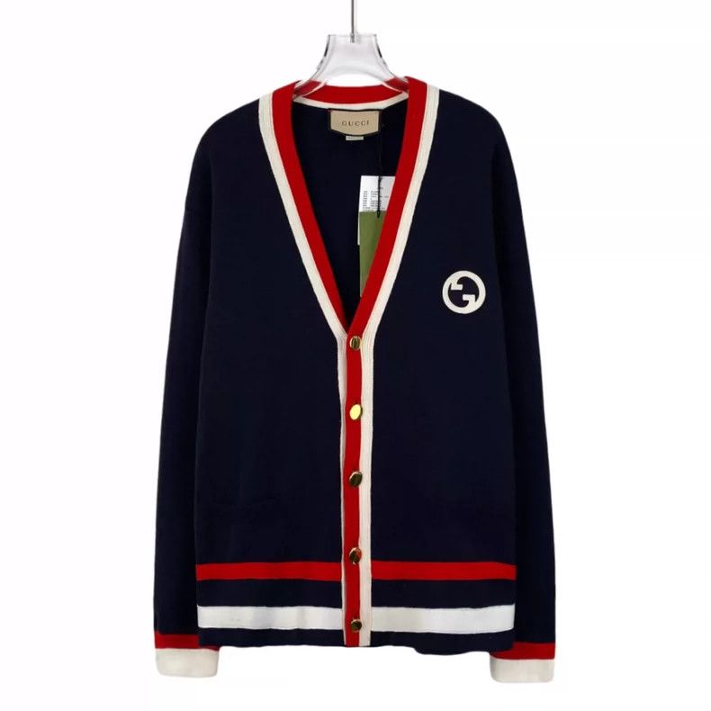 Gucci Gucci Dark blue striped logo embroidered V-neck single-brea Size US M / EU 48-50 / 2 - 1 Thumbnail