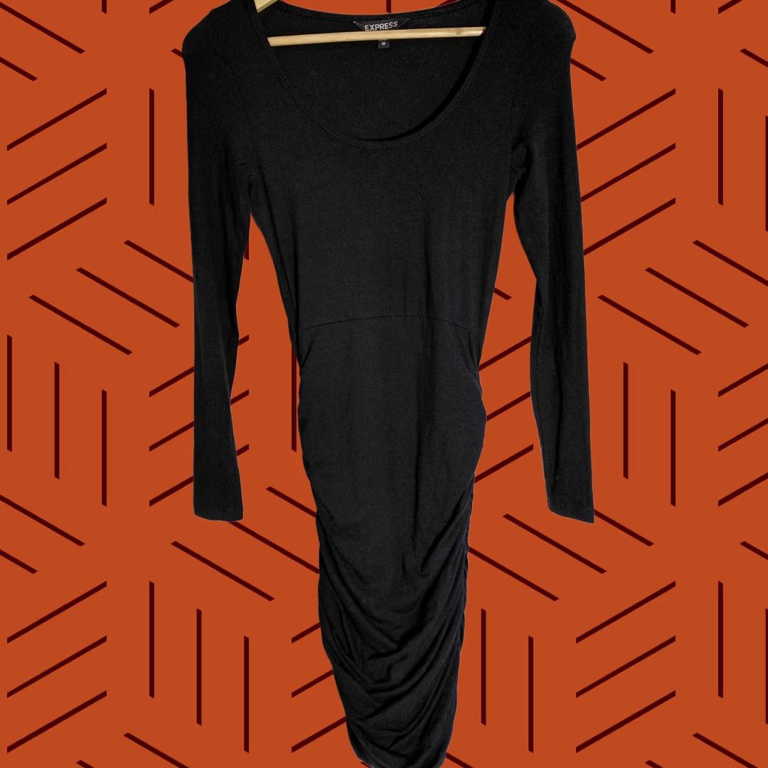 Express EXPRESS Long Sleeve Ruched Knit Midi Dress Solid Black XS Women Size XS / US 0-2 / IT 36-38 - 1 Thumbnail