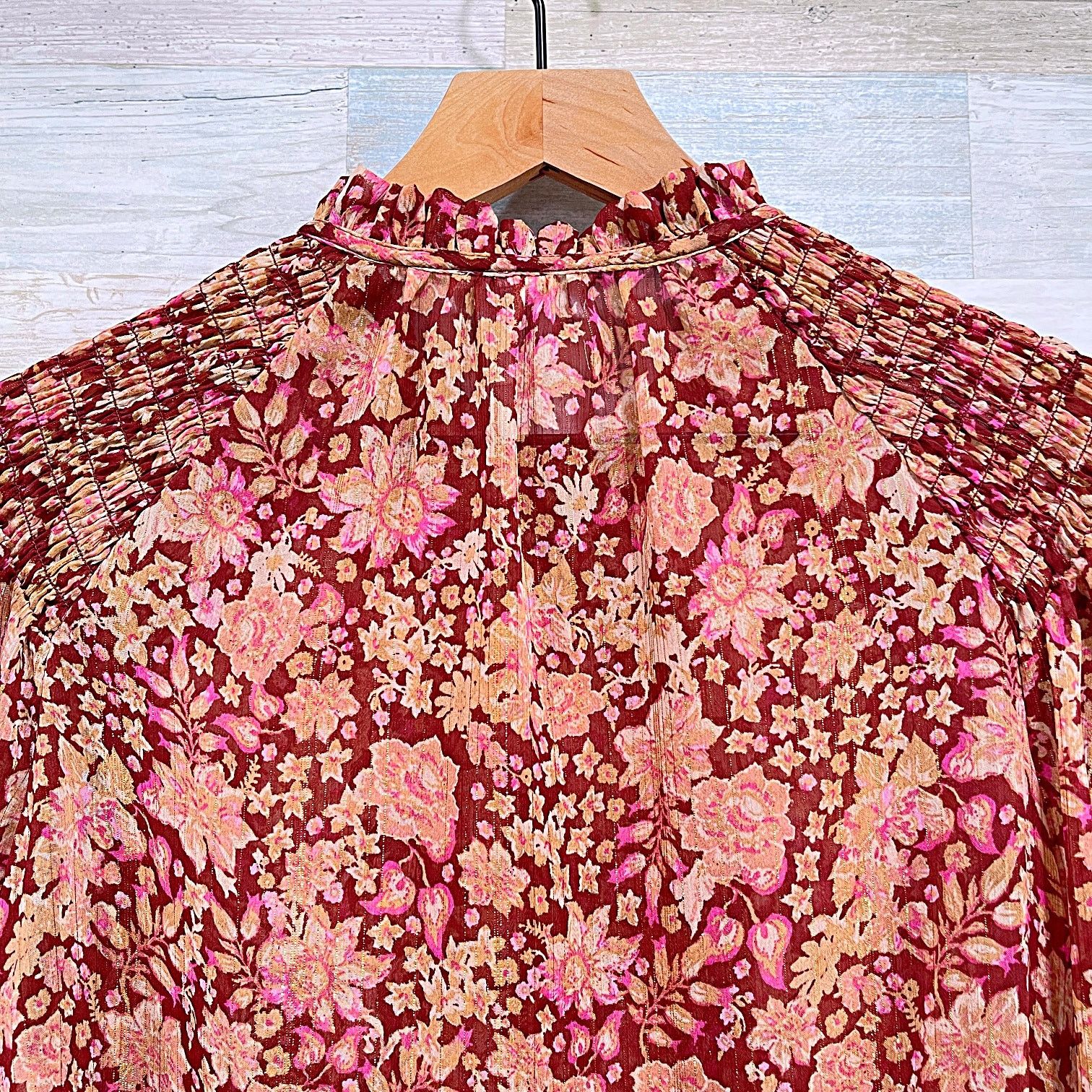 Joie JOIE Floral Ruffle Smocked Sheer Blouson Top Burgundy XS Size XS / US 0-2 / IT 36-38 - 4 Thumbnail