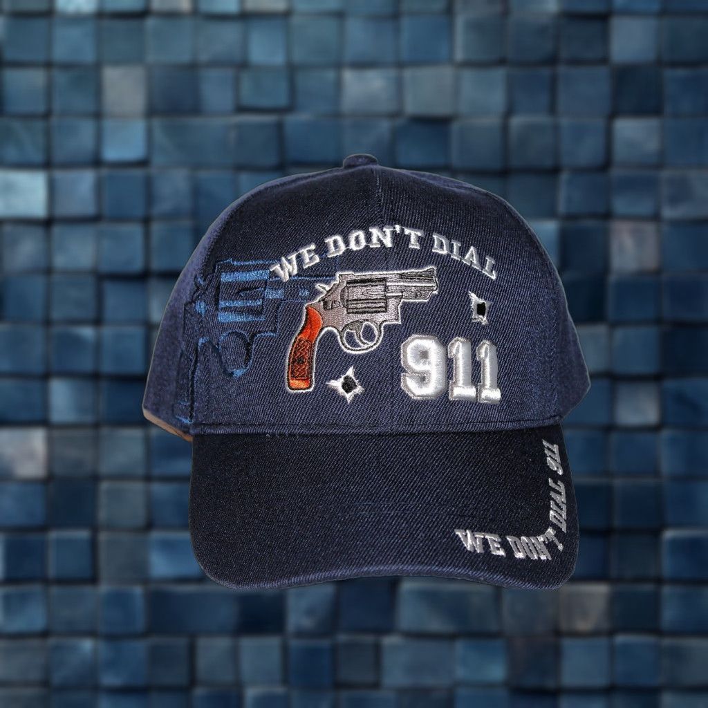 Vintage VINTAGE CALI Baseball Cap Men Adjustable Blue Pistol We Don't Dial 911 Bullet Hole Size ONE SIZE - 1 Thumbnail