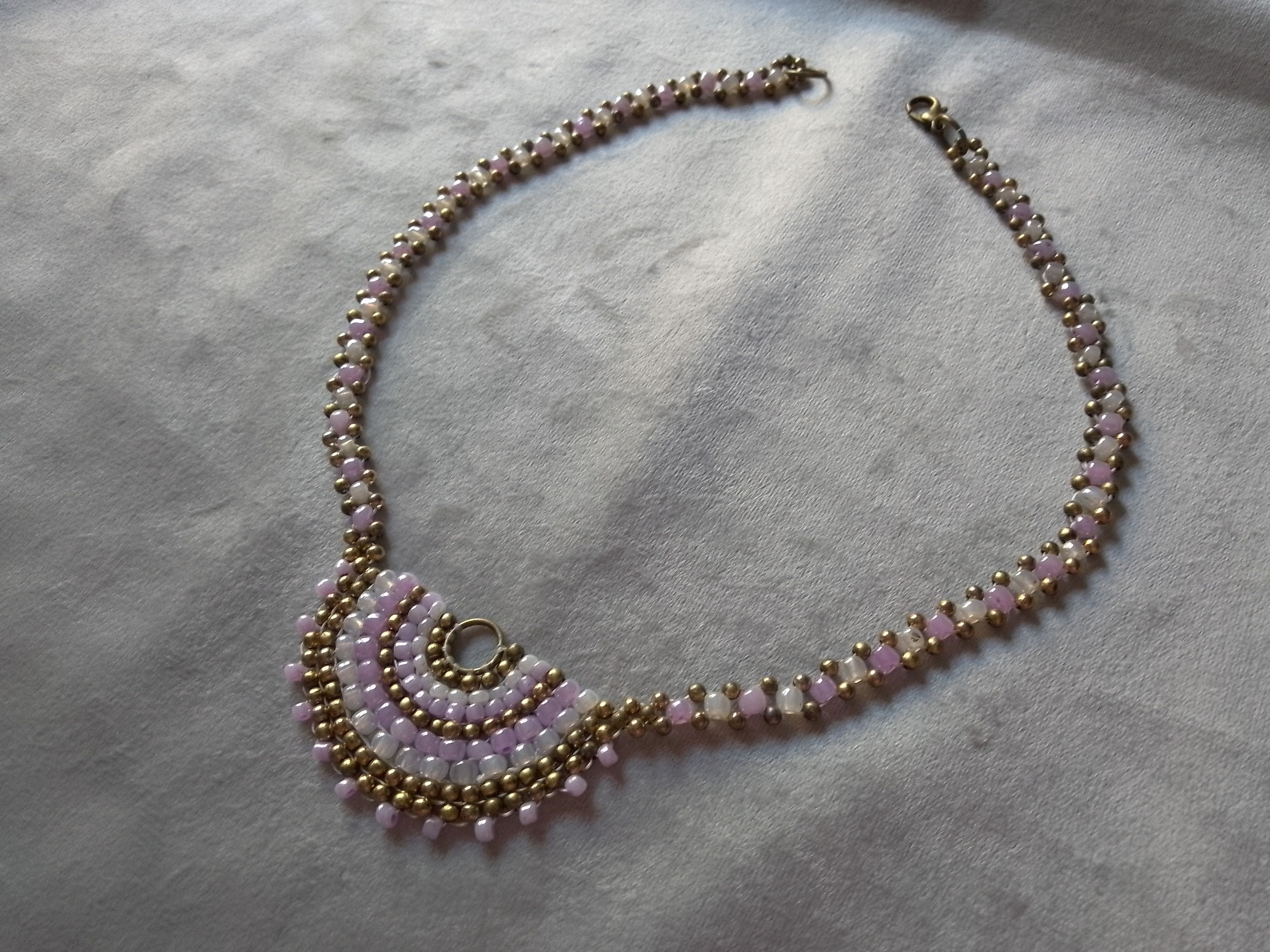 Handmade Necklace Antique Brass White/Purple Glass Elegant Size ONE SIZE - 4 Thumbnail