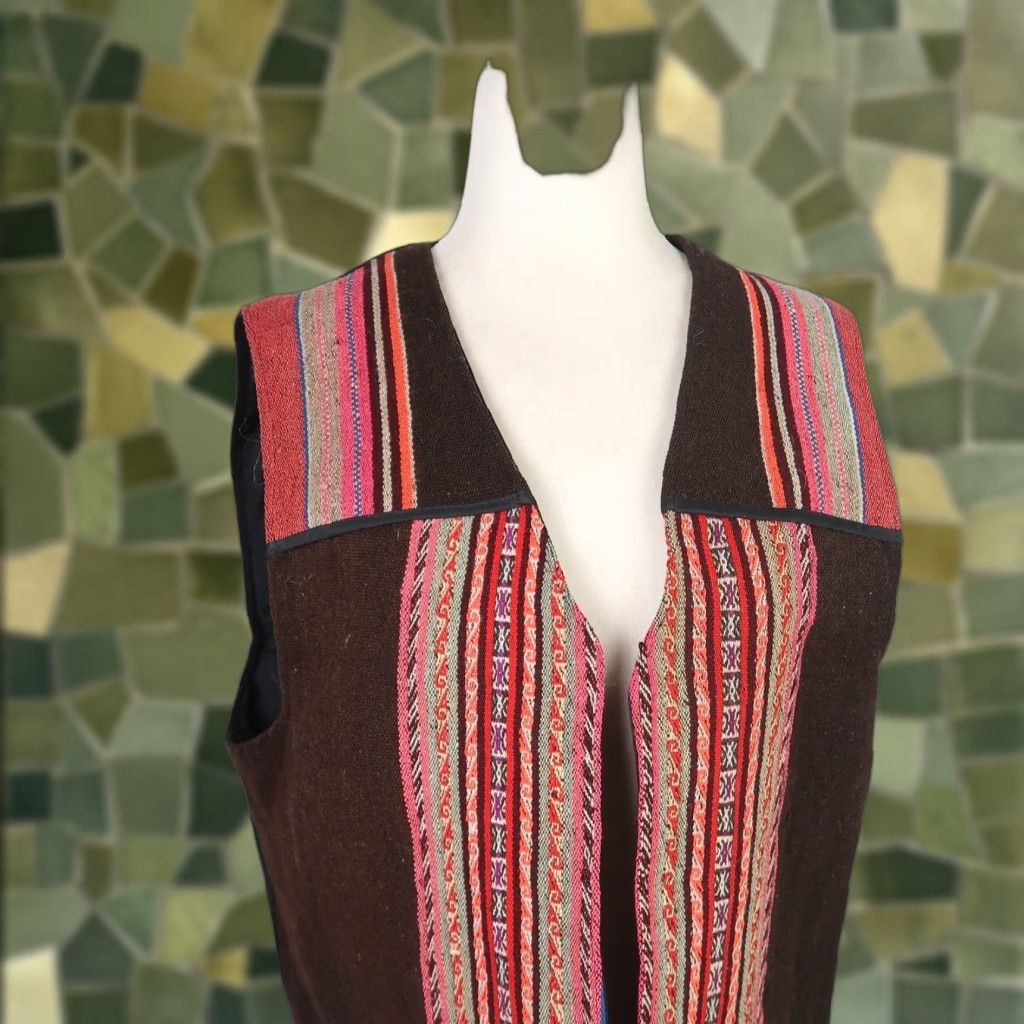 Pinko VINTAGE Tesoros del Inca Alpaca Wool Vest Peru Black Red Pink Woven Stripe Size L / US 10 / IT 46 - 1 Thumbnail