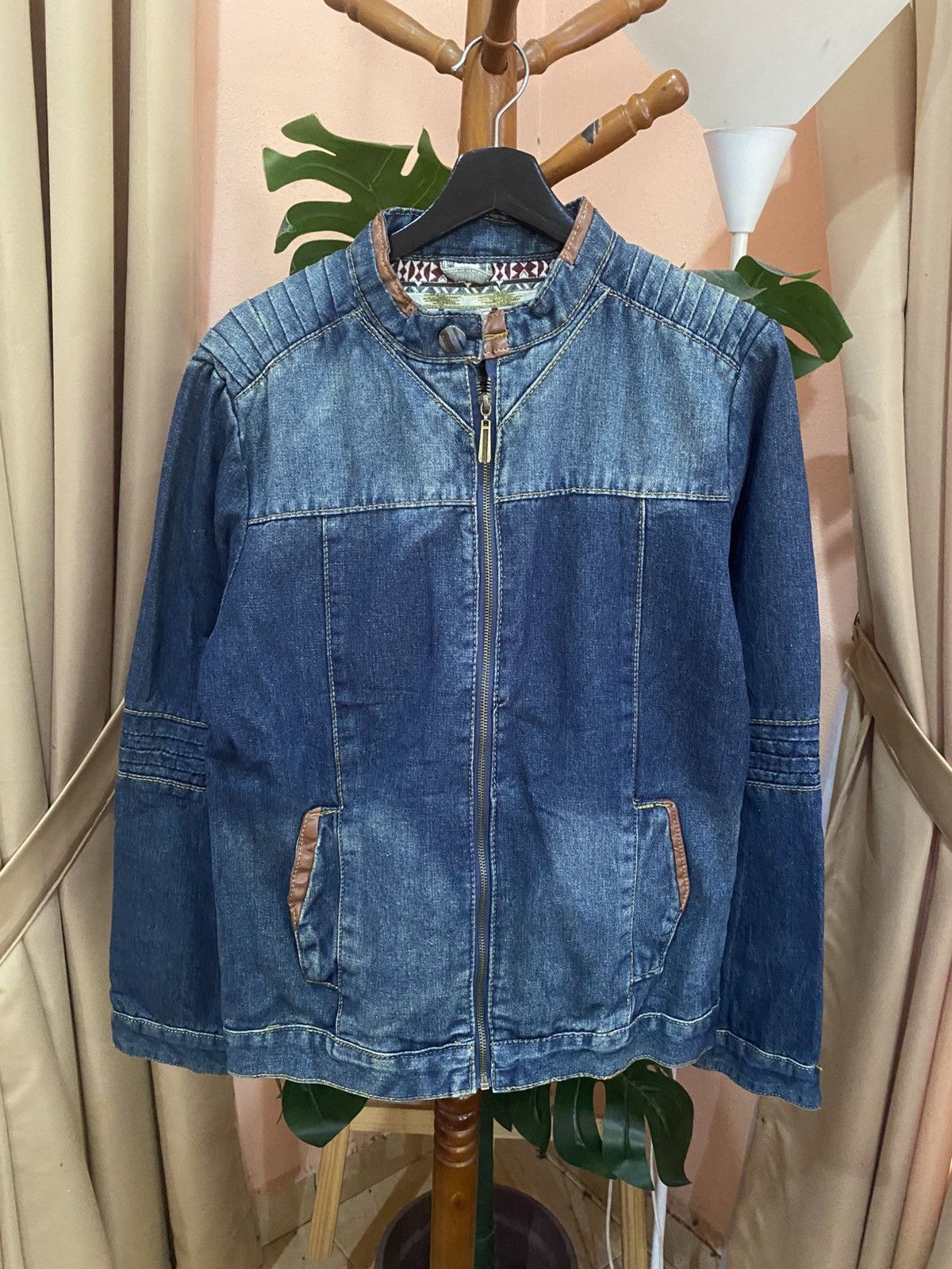 Other Vintage denim biker-style zip jacket with brown leather trim Size US M / EU 48-50 / 2 - 1 Thumbnail