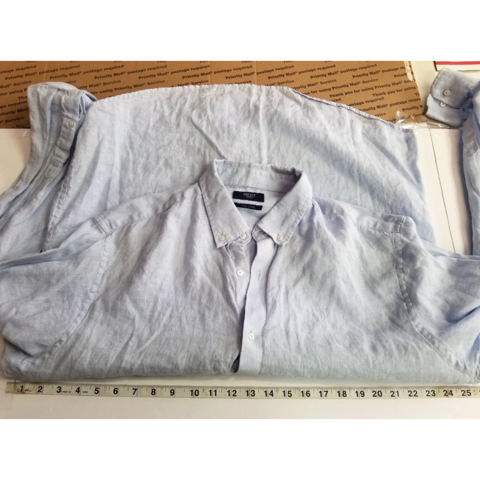 Vintage Ascot Shirt XL Blue 100% Linen Long Sleeve Button Up Mens Slimming Regular Fit Brown Suede Accents Size US XL / EU 56 / 4 - 3 Thumbnail