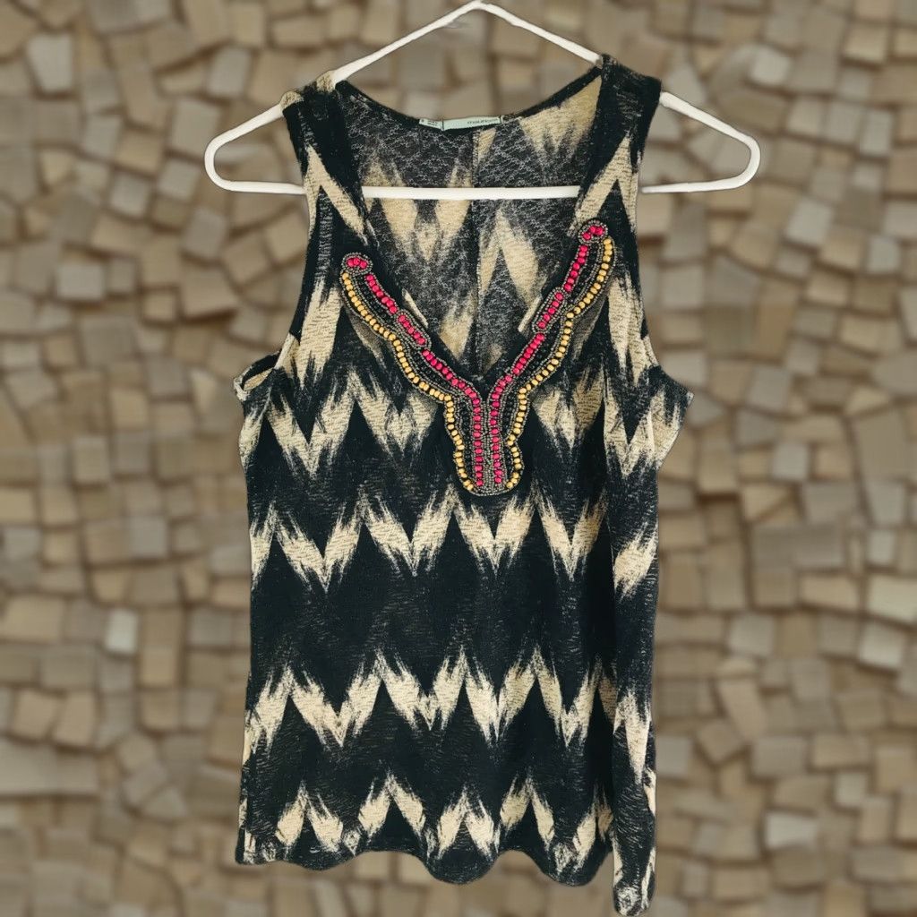 Vintage Maurices Tank Top Women's Size S Black Tan Wooded Chevron Beads Plunging Neck Shirt Adult Womens Tank Black Beaded V-Neck Modern 90s? Size S / US 4 / IT 40 - 1 Thumbnail