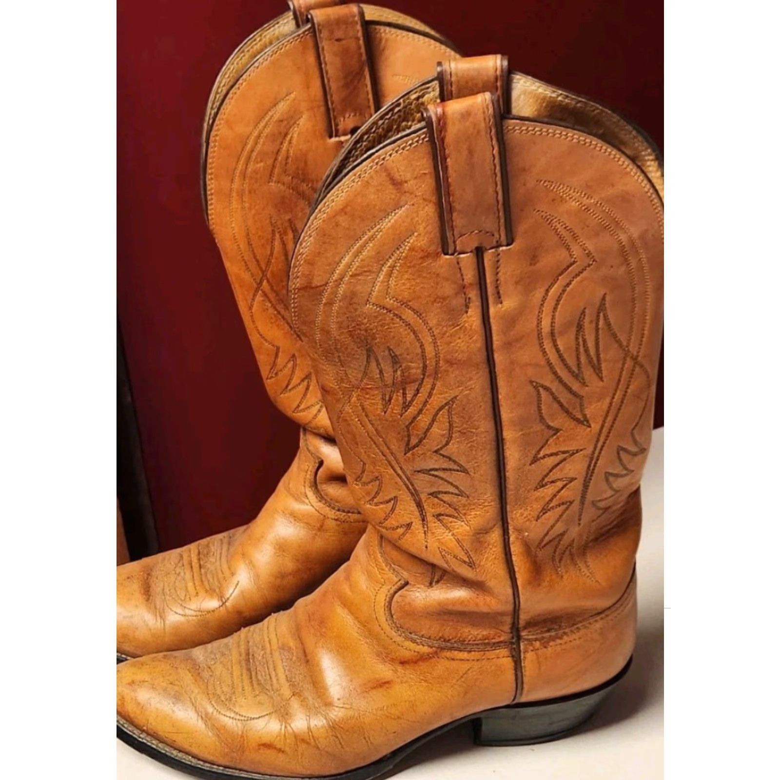 Justin Boots VINTAGE Justin Boots Cowboy Boots Mens 8 D Natural Tan Marbled Leather Western #1632 Size US 8 / EU 41 - 5 Thumbnail