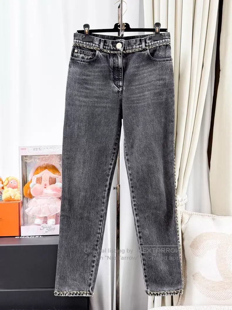 Chanel Chanel Leather chain rolled-edge denim trousers Size 25" / US 0 / IT 36 - 1 Thumbnail