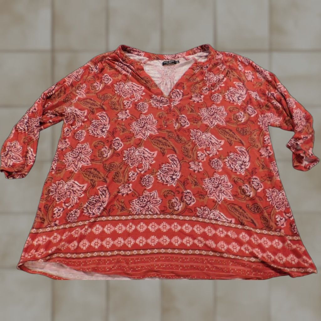 Vintage Max Jeans Blouse Womens 1X Plus Red Floral Pullover Stretch Size XL / US 12-14 / IT 48-50 - 1 Thumbnail