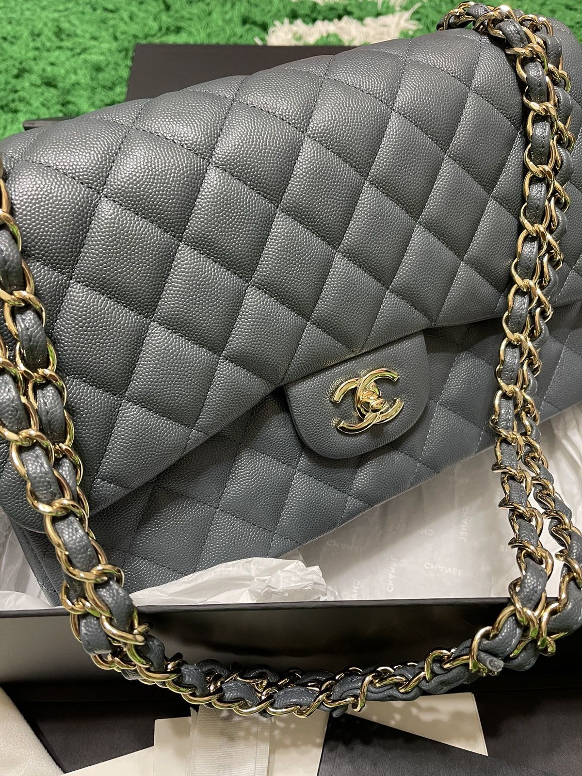 Chanel Jumbo Double Flap Caviar- Grey