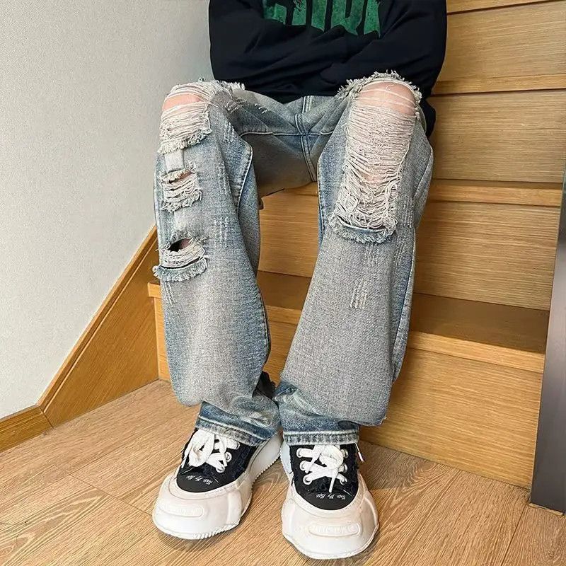 Japanese Brand Retro straight leg high street ripped jeans Size US 32 / EU 48 - 4 Thumbnail