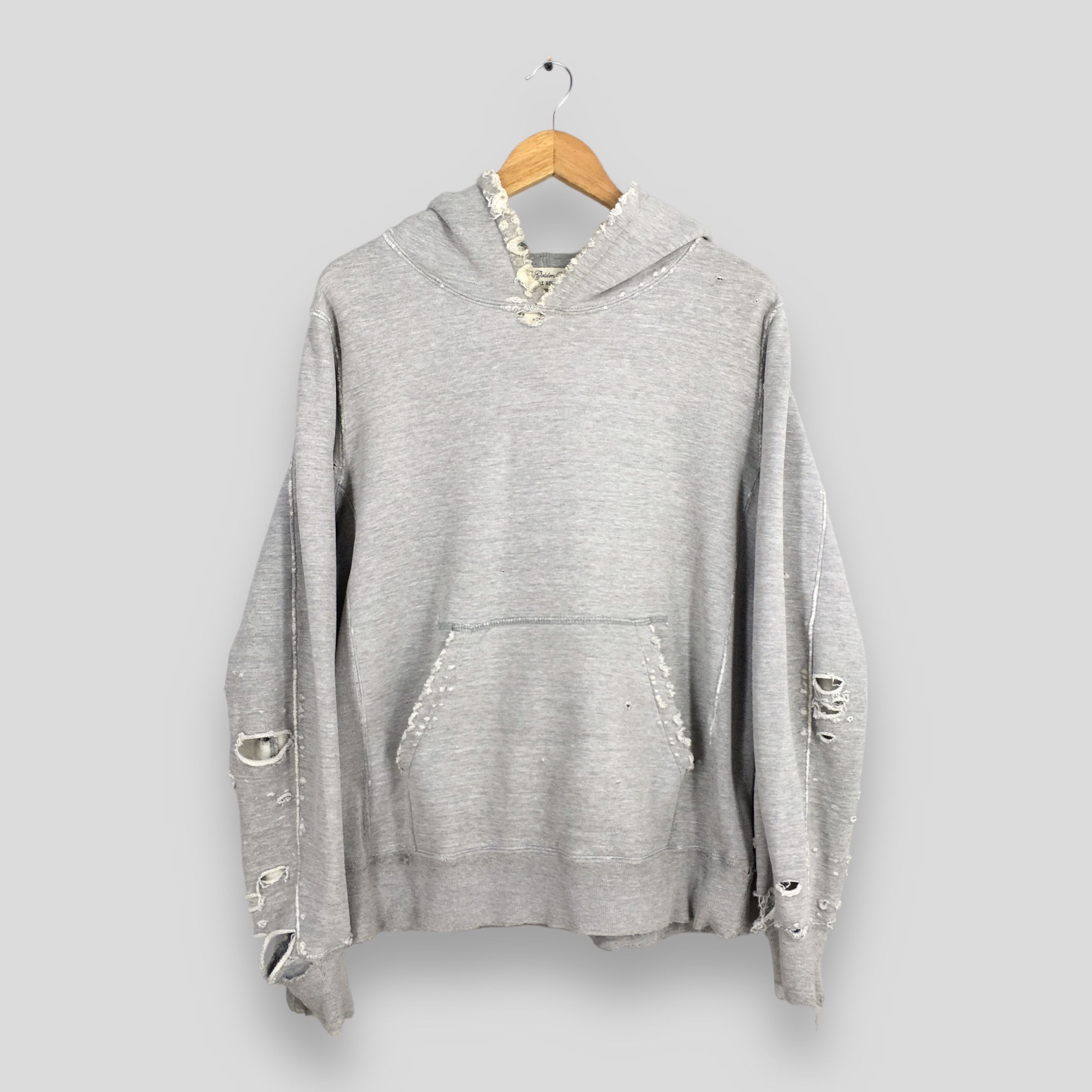 image of Distressed Denim x Remi Relief Yohji Japan Distressed Hoodies Pullover Large in Grey, Men's