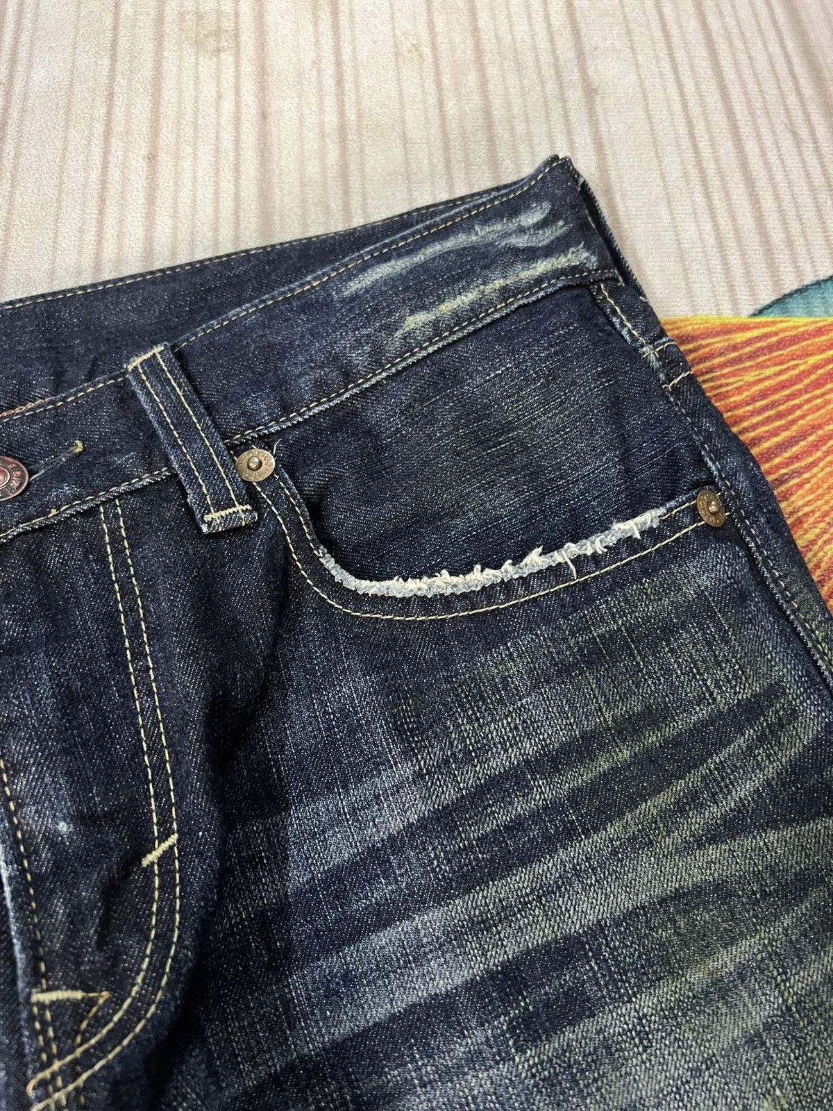 Edwin Vintage Edwin 503 Blue Trip Flare Distress Jean Japan Size US 33 - 19 Thumbnail
