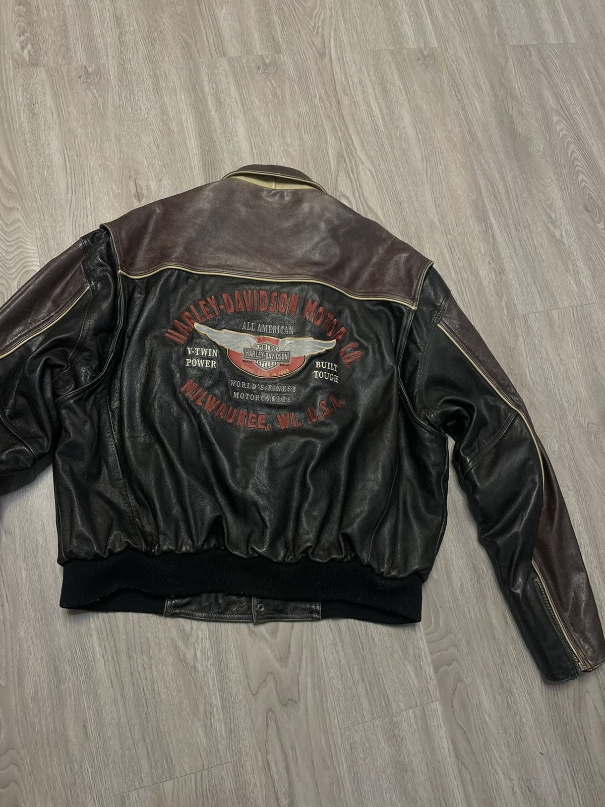 image of Vintage Harley Davidson Distressed Leather Jacket in Black, Men's (Size 2XL)