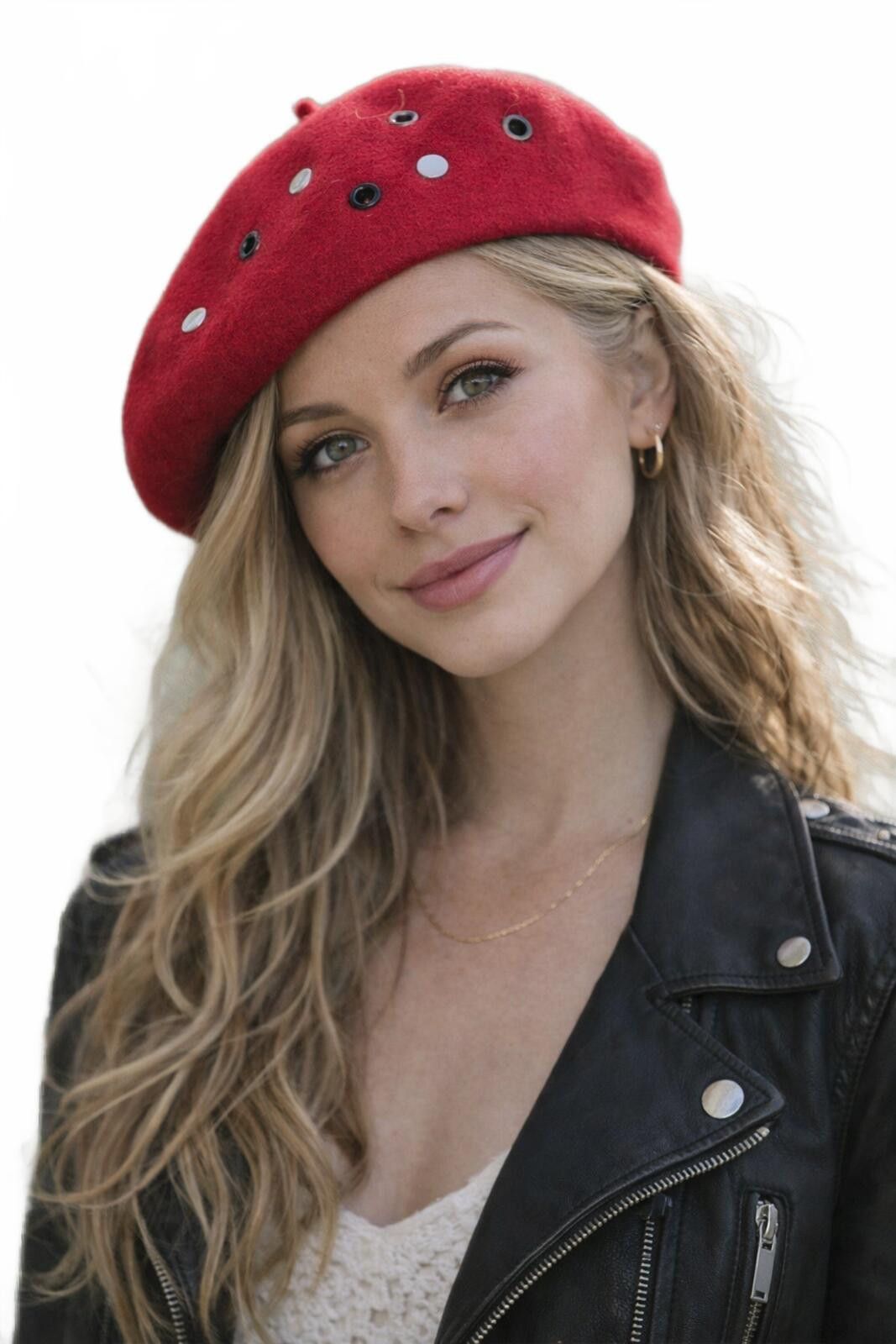 The Unbranded Brand Red Wool Beret with Decorative Studs One Size Fits Most Size ONE SIZE - 1 Thumbnail