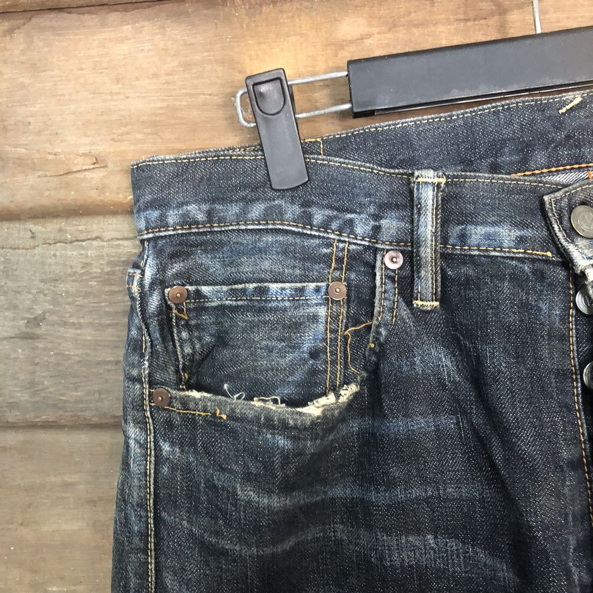 DL R 45rpm selvedge Black faded Distressed Denim Pants #7321