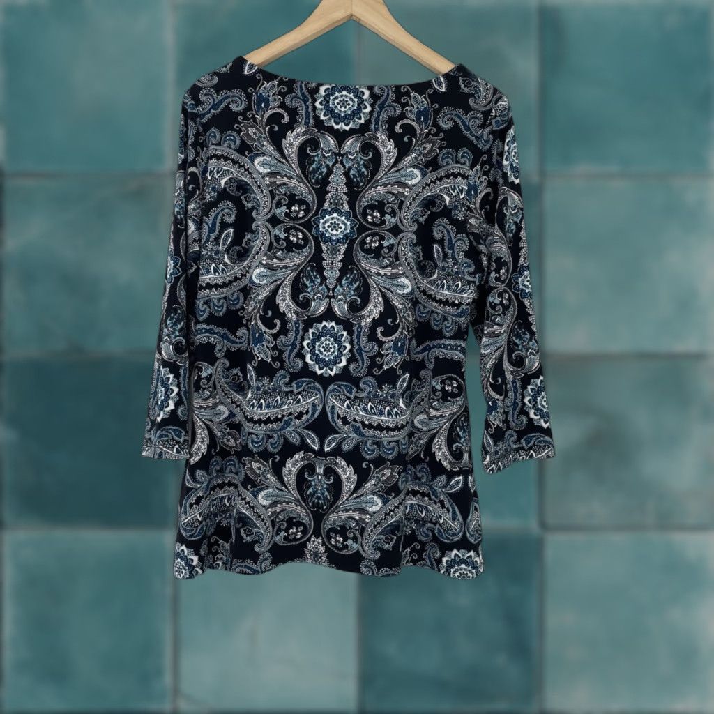Charter Club Charter Club Blouse Shirt 3/4 Sleeve Paisley Blue Size M Career Regular Women Size M / US 6-8 / IT 42-44 - 1 Thumbnail