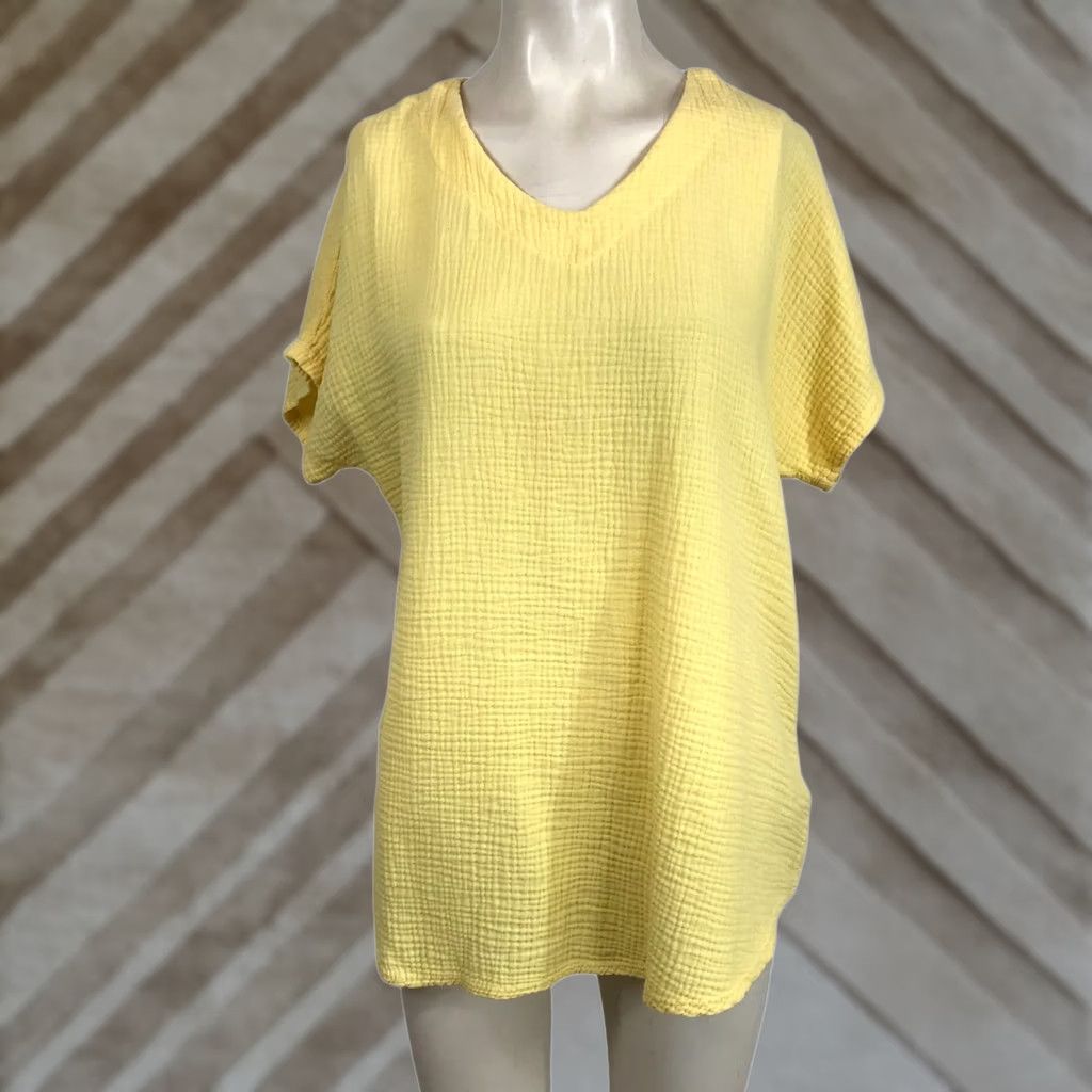 Vintage Jess & Jane Womens Small Yellow Short Sleeve V Neck Cotton Gauze Top Size S / US 4 / IT 40 - 1 Thumbnail