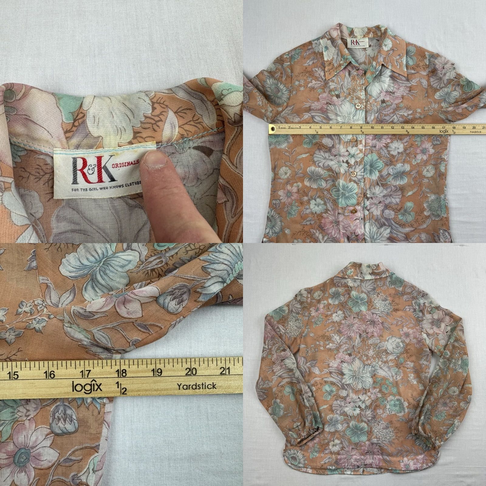 Vintage VINTAGE Floral Button Up Shirt Womens M Orange Sheer Collar Thin Light 80s R&K Originals Button-Up Bohemian Flower Mens? Size M / US 6-8 / IT 42-44 - 8 Thumbnail