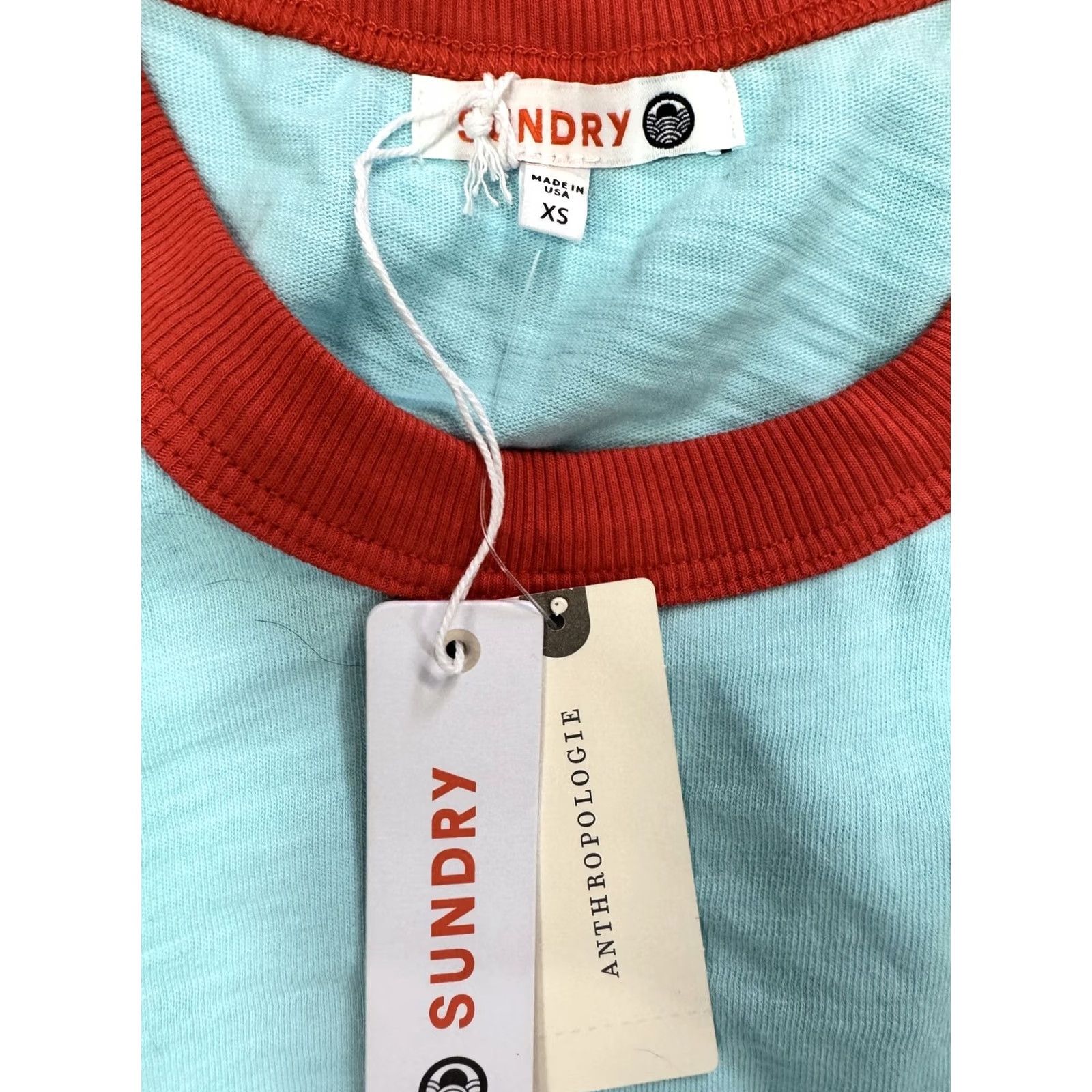 Sundry VINTAGE Sundry Anthropologie Swim Club Tank Dress Womens XS Robins Egg Blue Red Ringer Graphic Print Knee Length Casual Beach Summer Size XS / US 0-2 / IT 36-38 - 2 Thumbnail